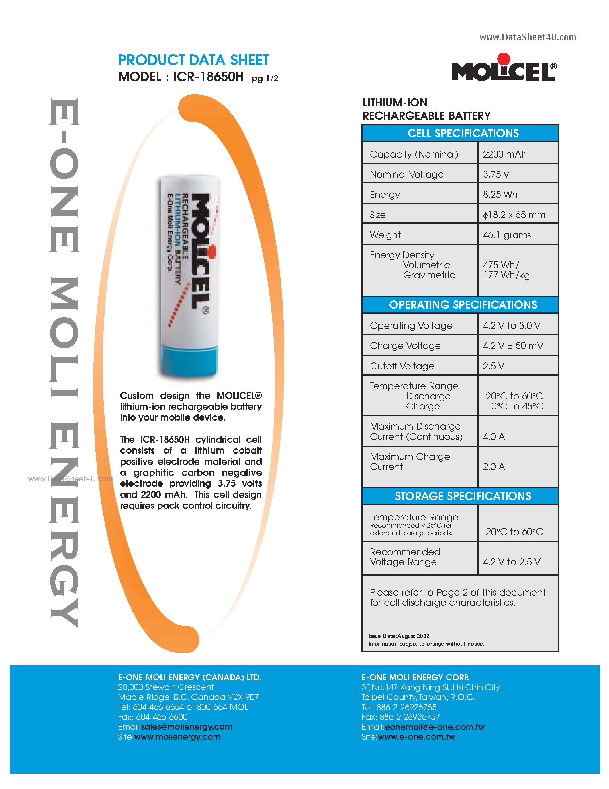 Datasheet ICR18650H - Lithium-Ion-Battery page 1