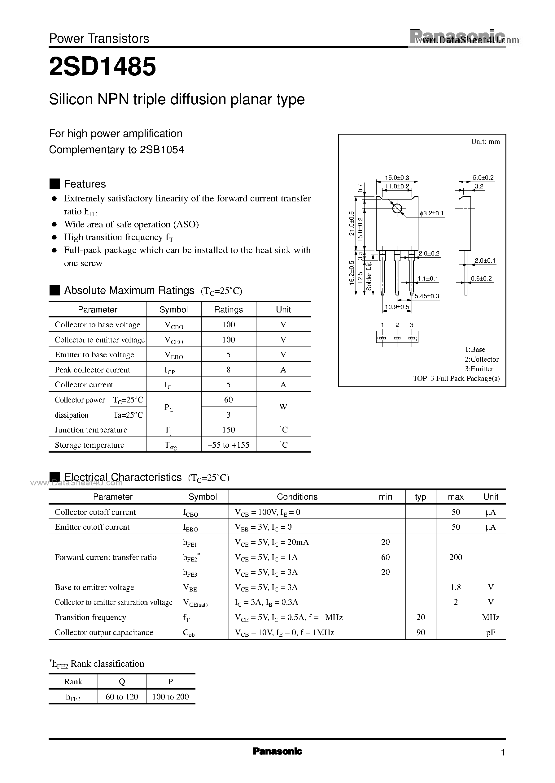 Datasheet D1485 page 1 Datasheet D1485 - Search -----> 2SD1485 page 1