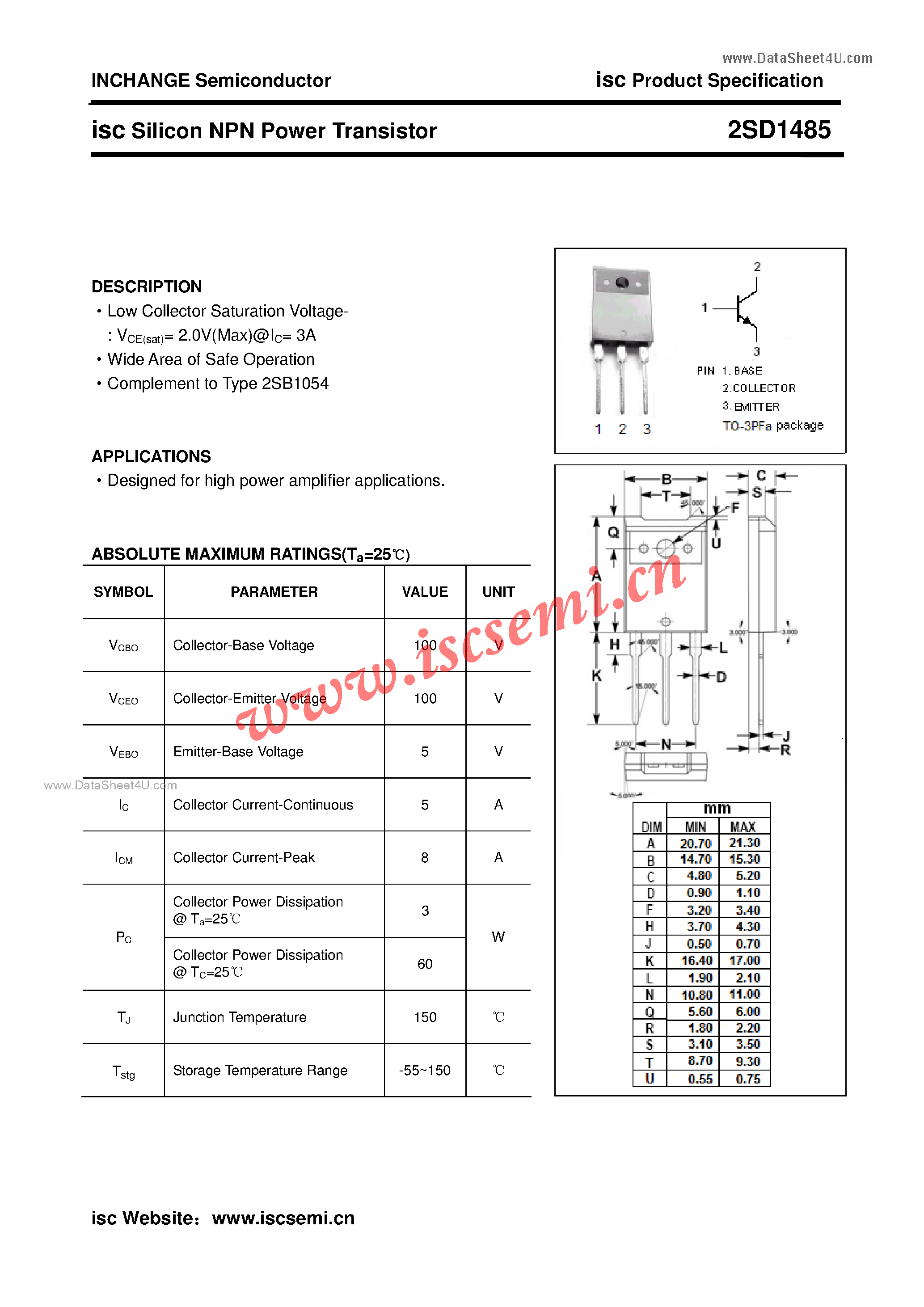Datasheet 2SD1485 - Silicon NPN Power Transistor page 1