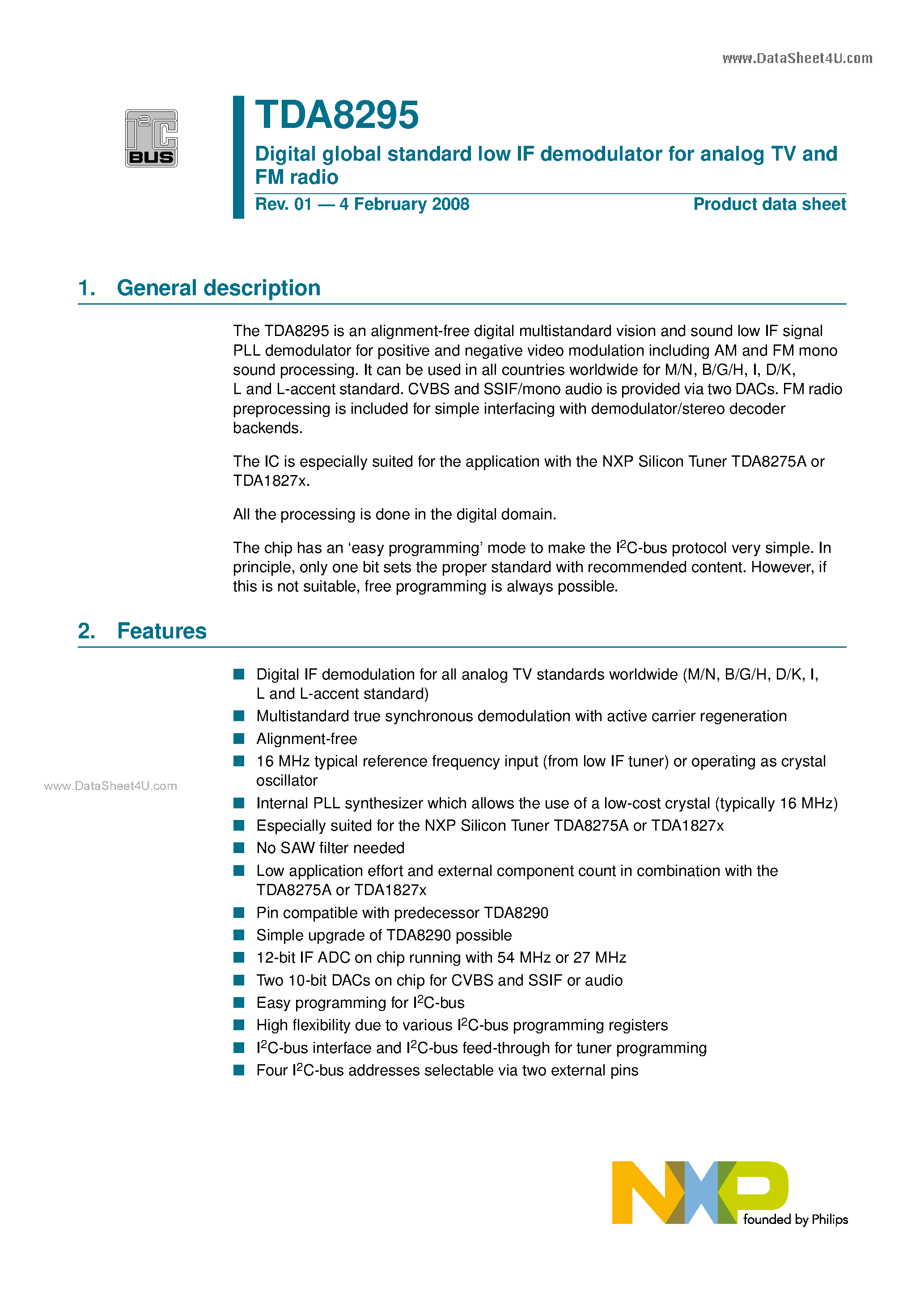 Даташит TDA8295 - Digital global standard low IF demodulator страница 1