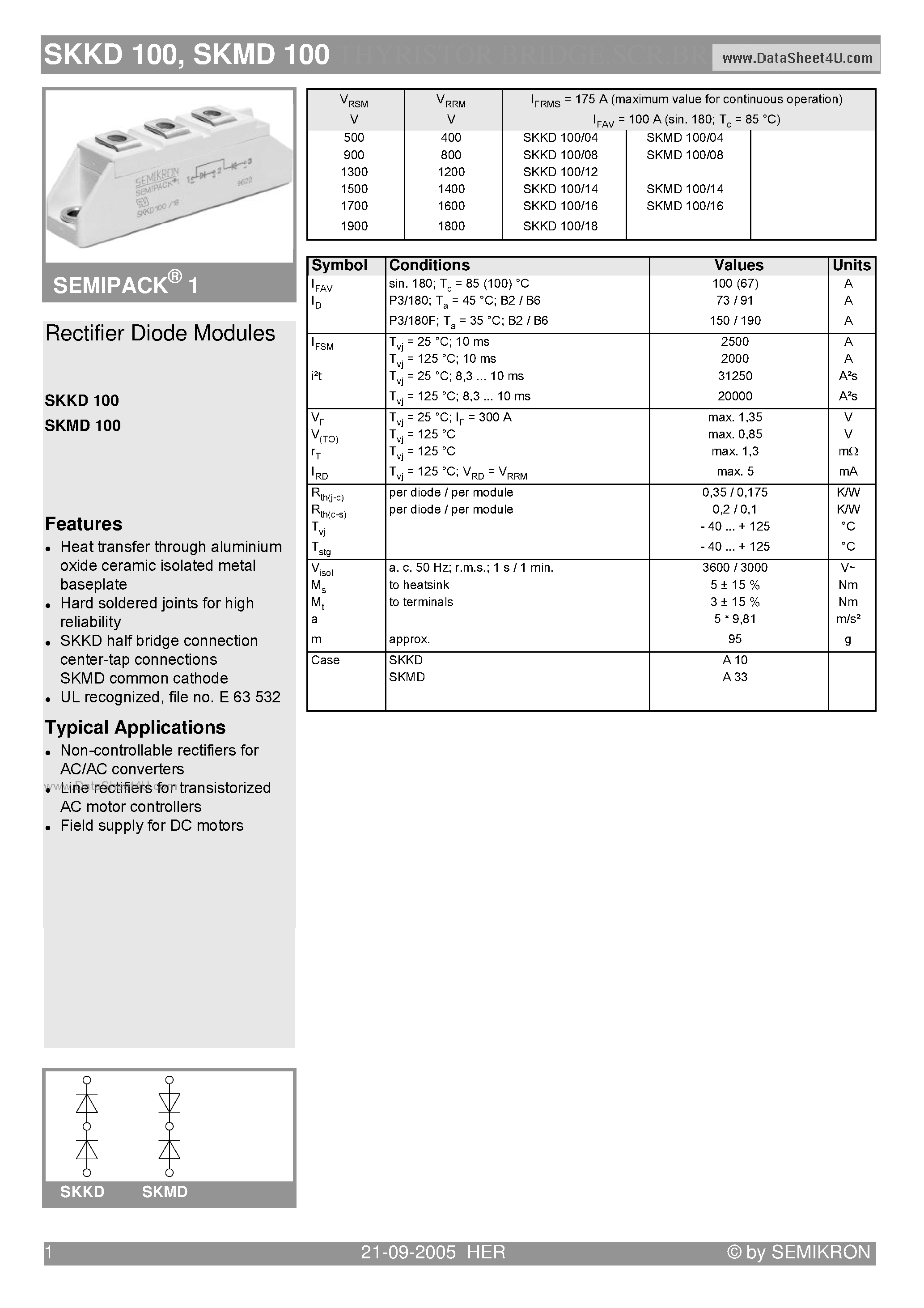 Datasheet SKMD100 page 1 Datasheet SKMD100 - Rectifier Diode Modules page 1