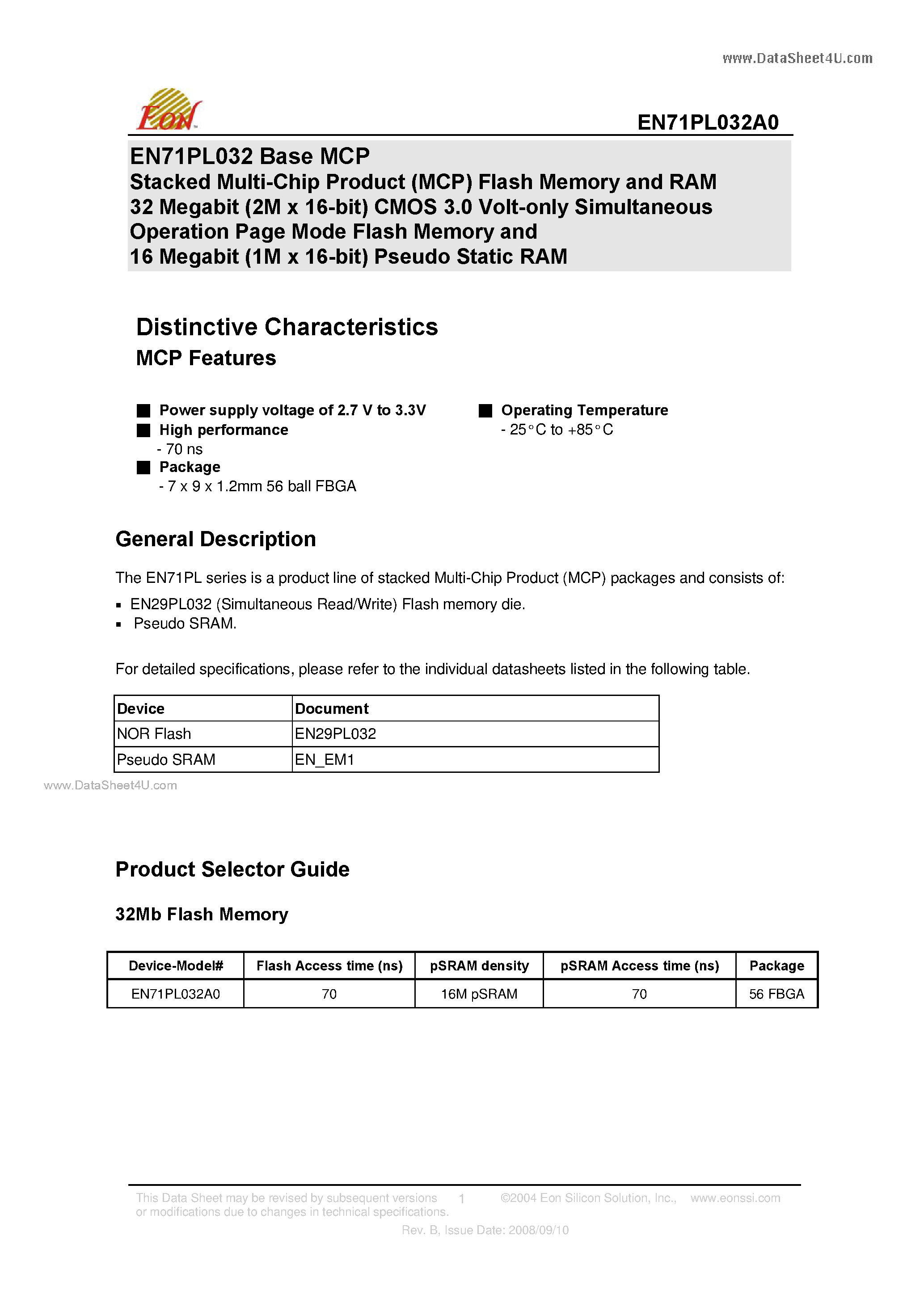Datasheet EN71PL032A0 page 1 Datasheet EN71PL032A0 - Stacked Multi-Chip Product (MCP) Flash Memory and RAM page 1