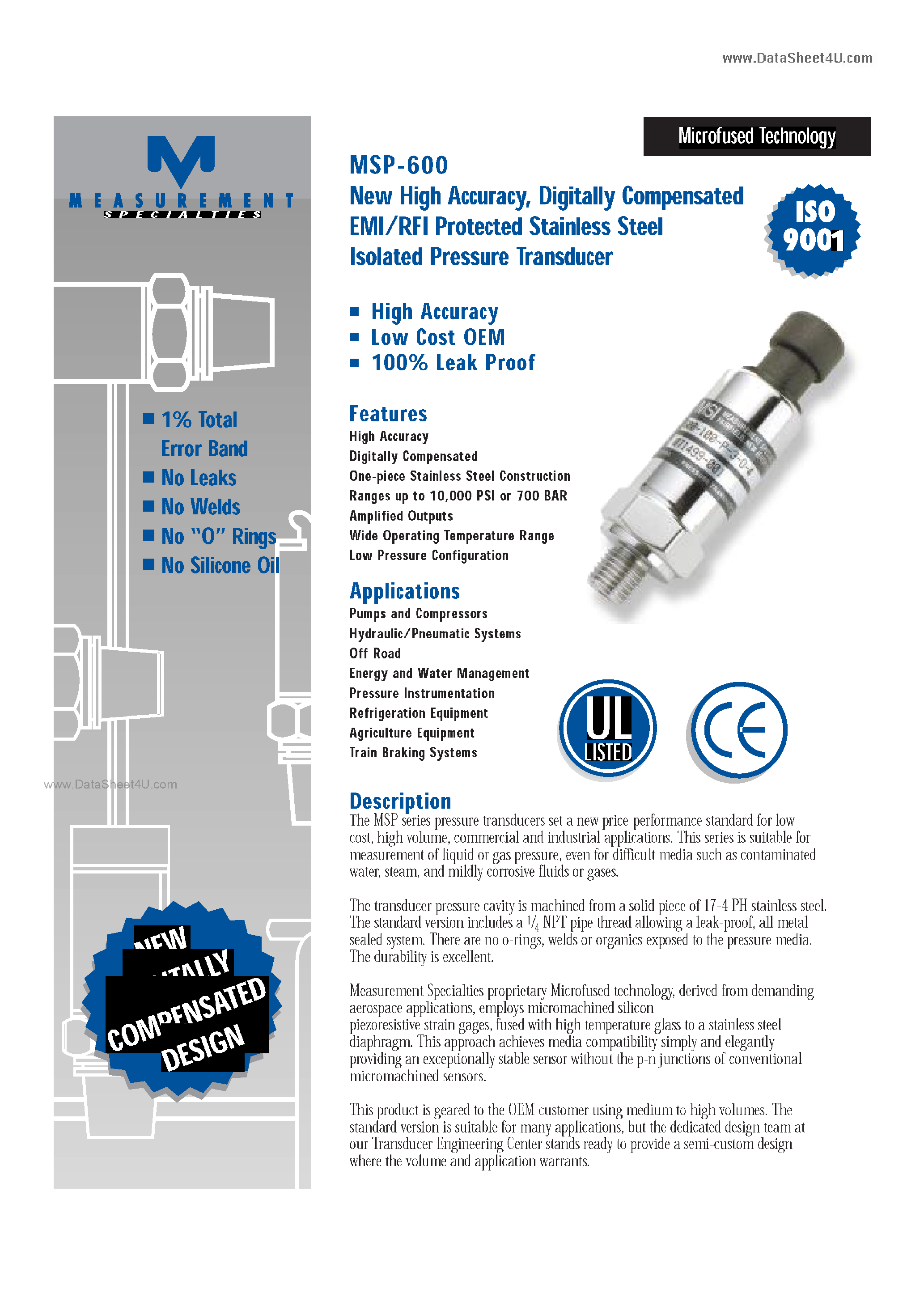 Даташит на микросхему MSP-600 страница 1 Даташит MSP-600 - DIGITALLY COMPENSATED EMI/RFI PROTECTED STAINLESS STEEL ISOLATED PRESSURE TRANSDUCER страница 1