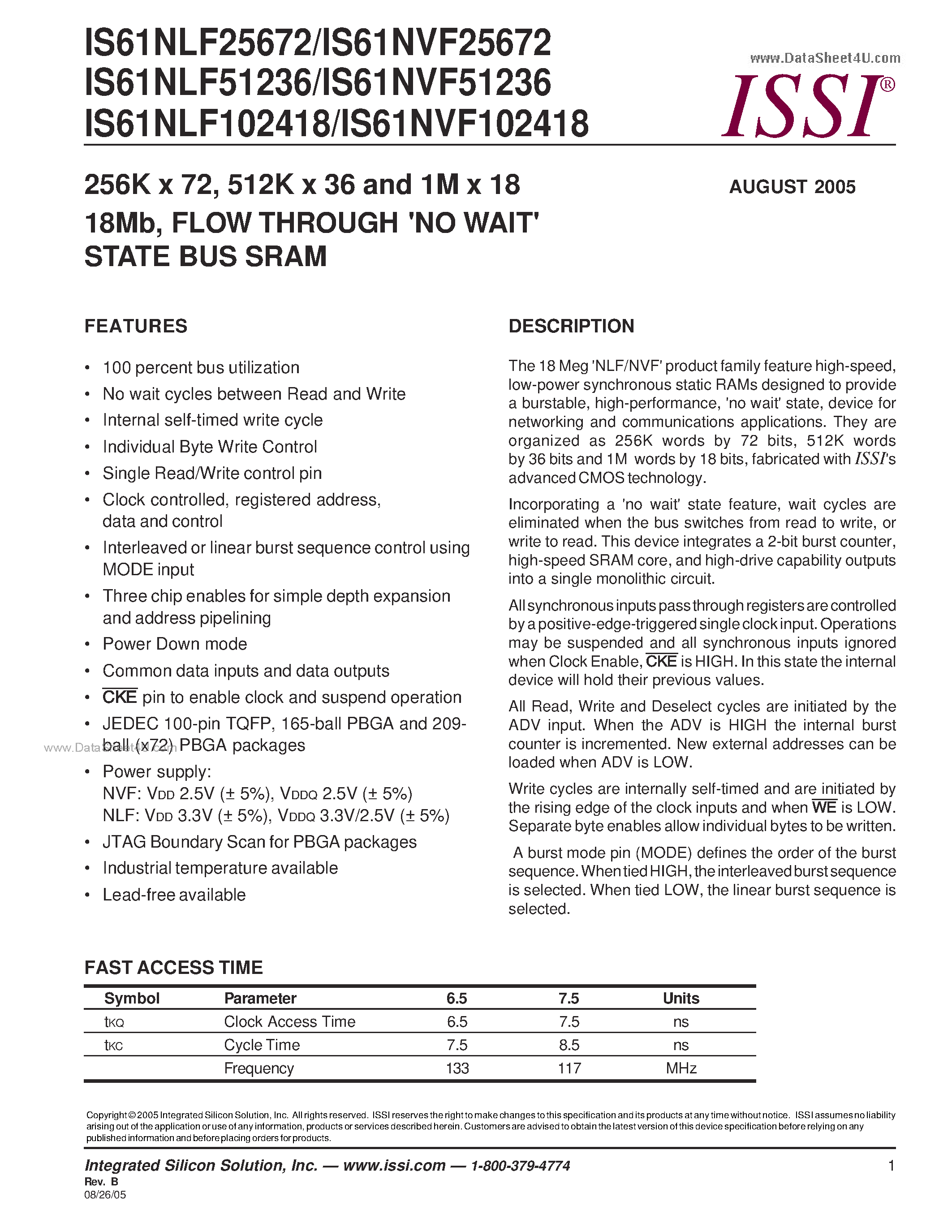Datasheet IS61NLF102418 page 1 Datasheet IS61NLF102418 - FLOW THROUGH (NO WAIT) STATE BUS SRAM page 1