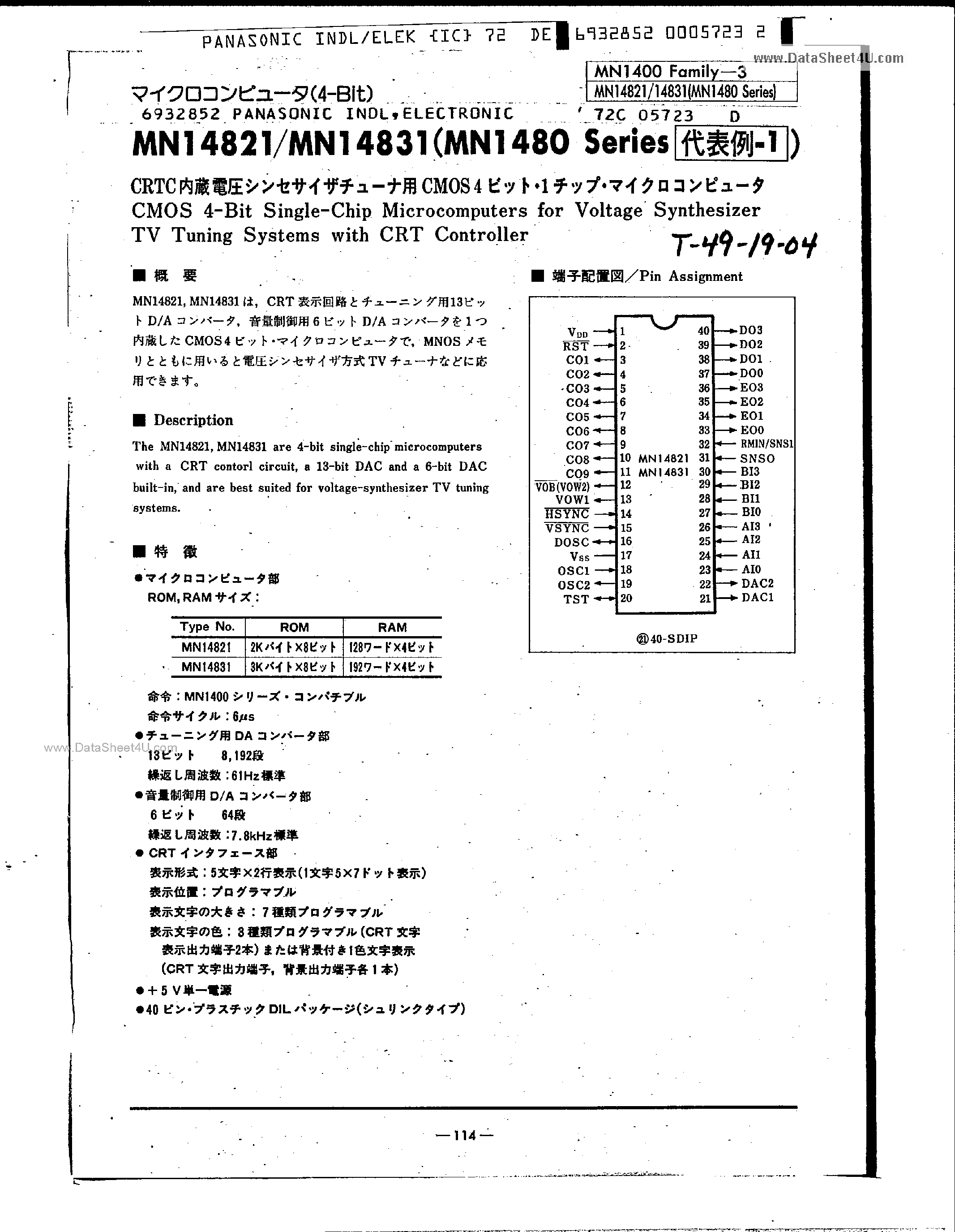 Datasheet MN1480 - CMOS 4-Bit Single-Chip Microcomputers page 1