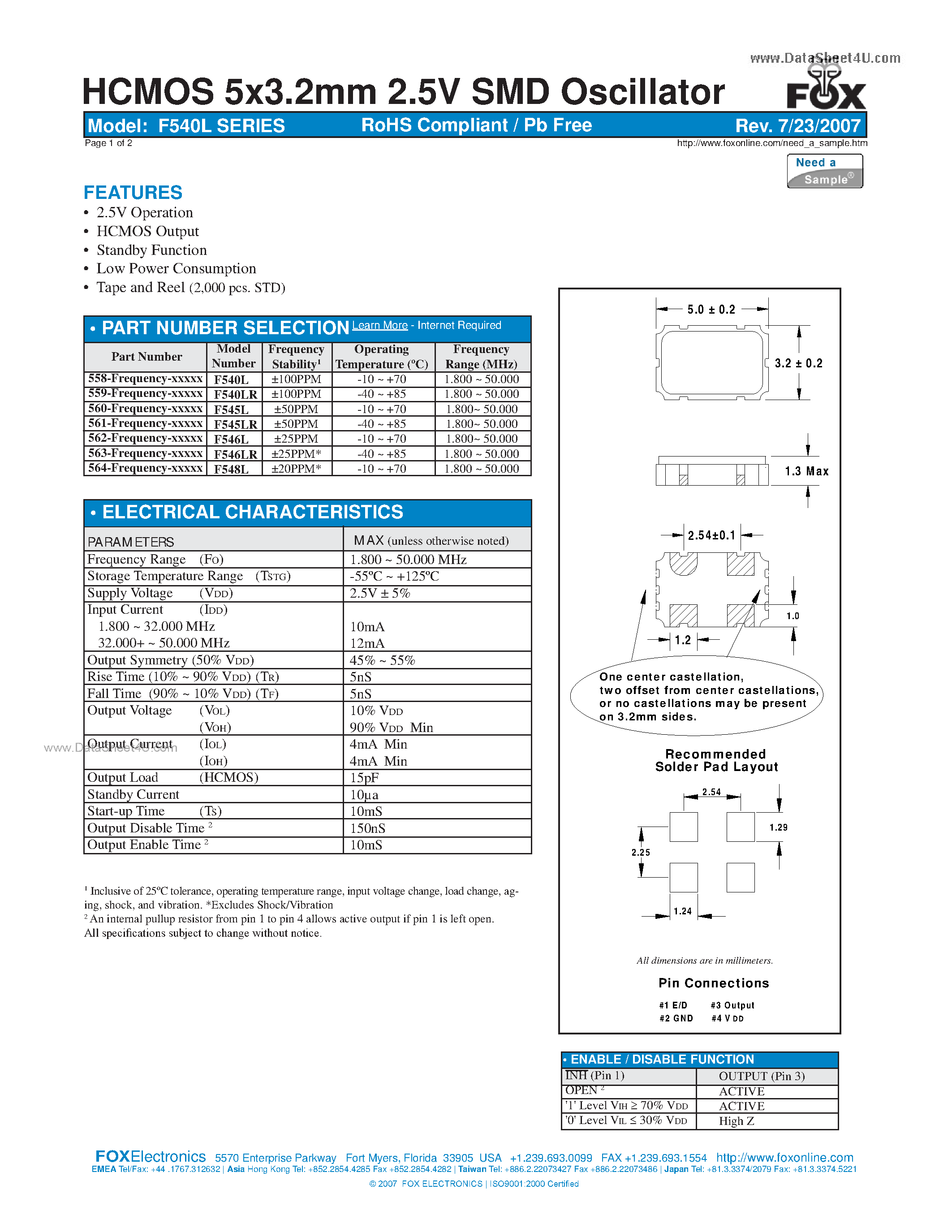 Даташит на микросхему F546L страница 1 Даташит F546L - HCMOS 5x3.2mm 2.5V SMD Oscillator страница 1