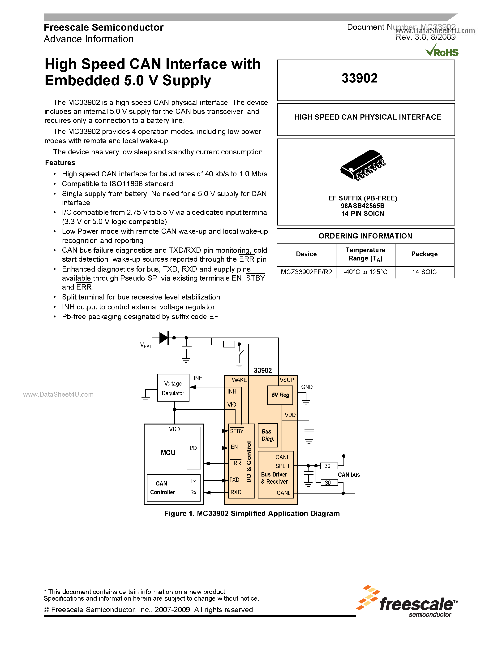 Datasheet MC33902 page 1 Datasheet MC33902 - High Speed CAN Interface page 1