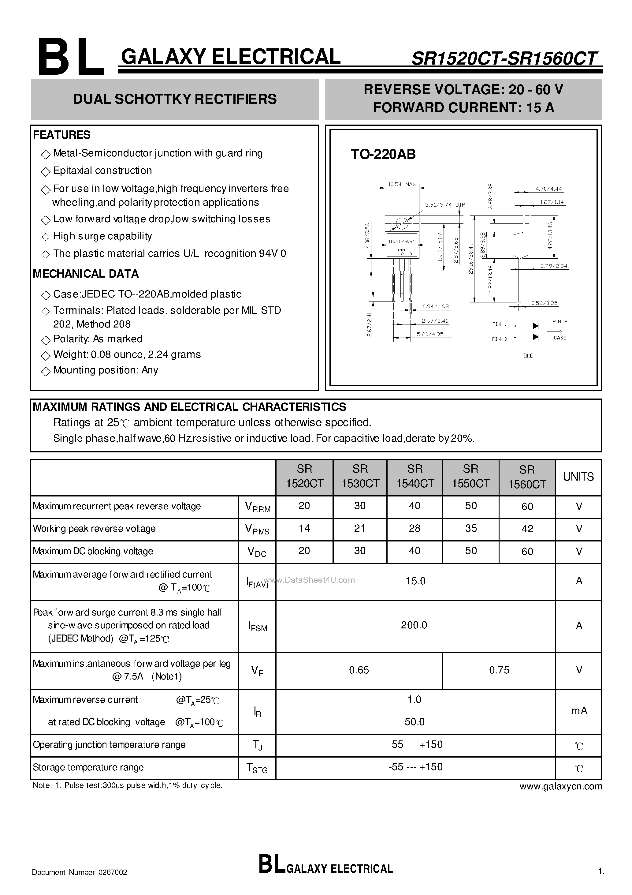 Datasheet SR1520CT - (SR1520CT - SR1560CT) DUAL SCHOTTKY RECTIFIERS page 1