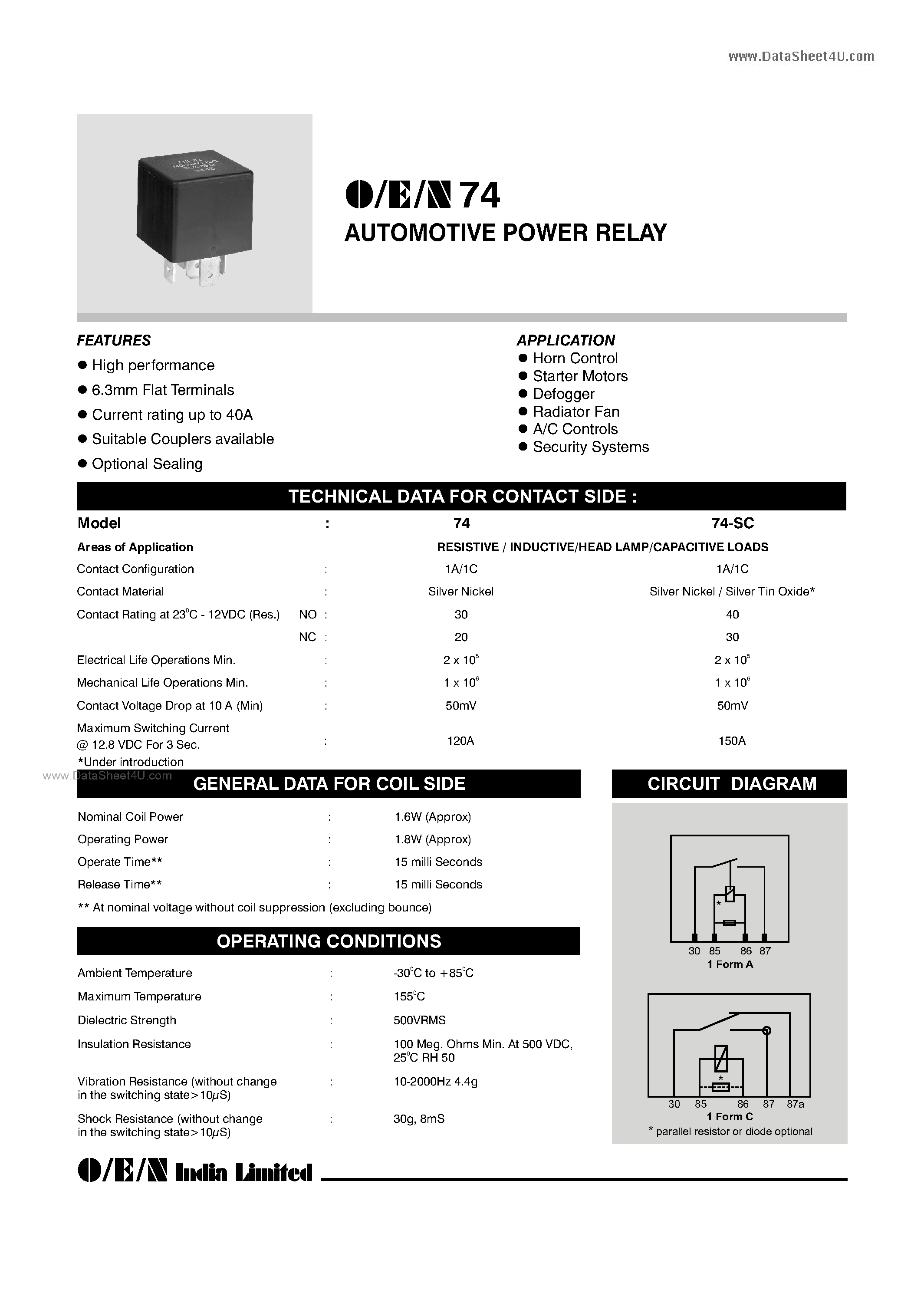 Даташит 741-12-1A-xxxx-xx - Automotive Power Relay страница 1