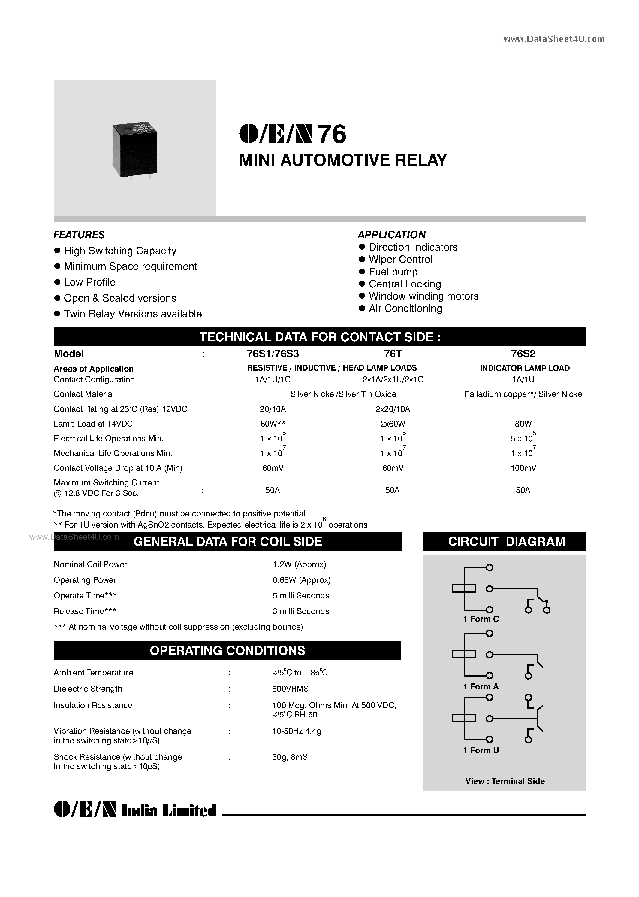 Datasheet 76T1-12-xxxxxx - Mini Automotive Relay page 1