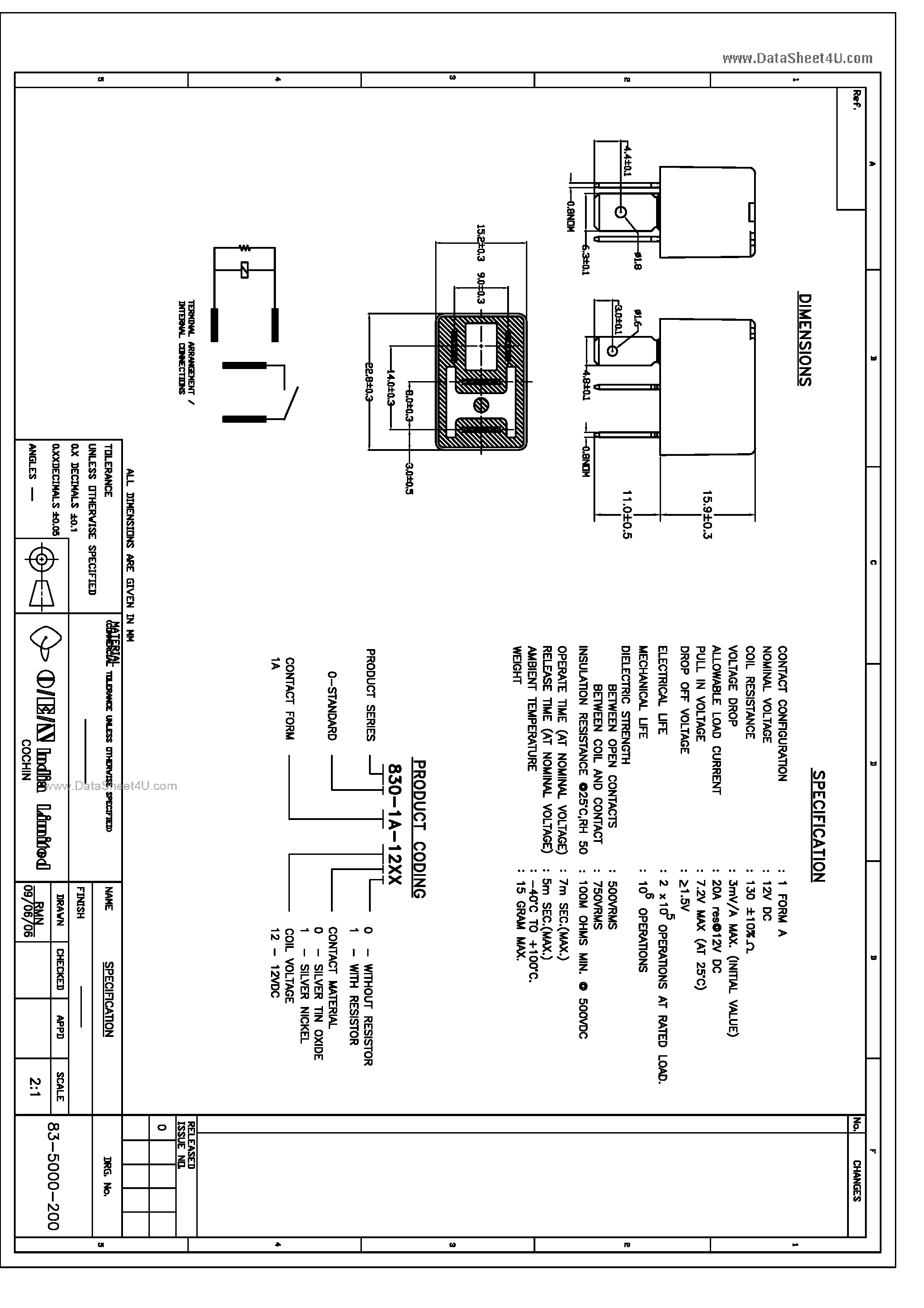 Даташит на микросхему 830-1A-12xx страница 1 Даташит 830-1A-12xx - Mini Power Automotive Relay страница 1