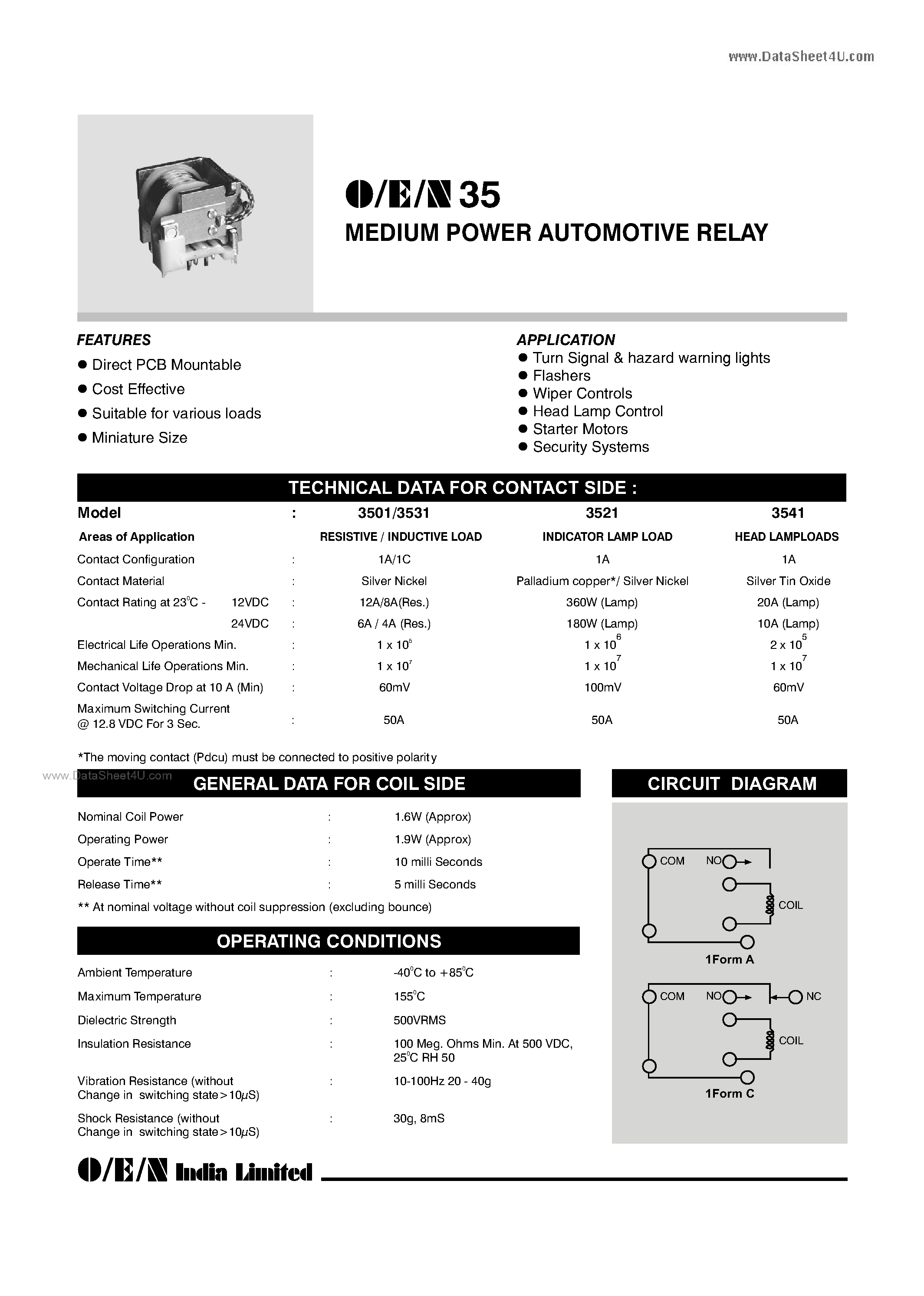 Datasheet 3541-1A-xxx-xx-xx page 1 Datasheet 3541-1A-xxx-xx-xx - Medium Power PCB Automotive Relay page 1