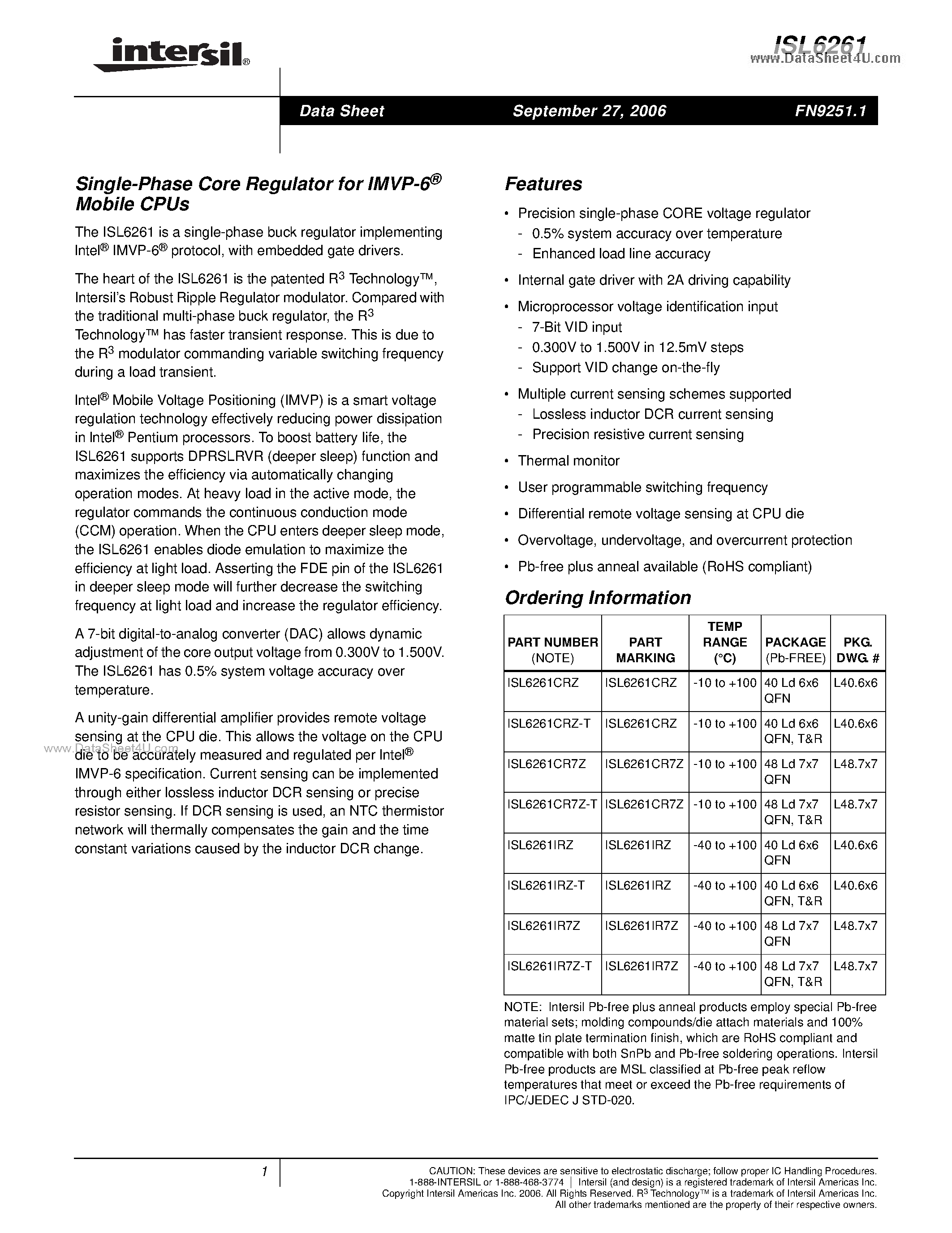 Datasheet ISL6261 page 1 Datasheet ISL6261 - Single Phase Core Regulator page 1