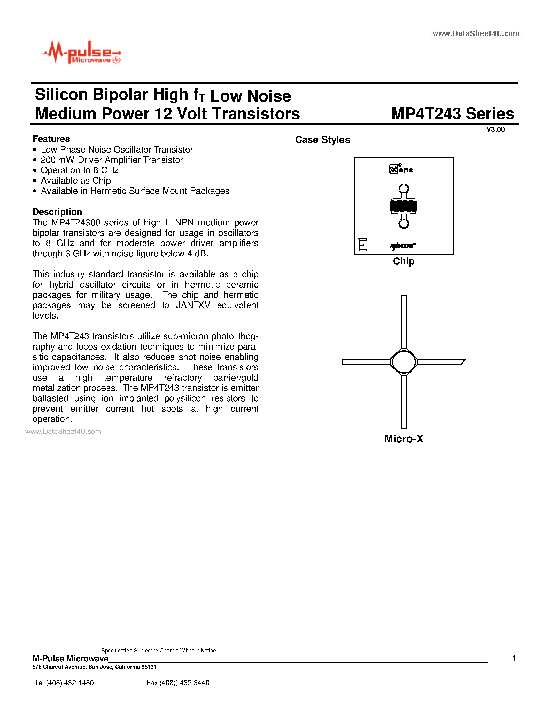 Datasheet MP4T243 page 1 Datasheet MP4T243 - Silicon Bipolar High fT Low Noise Medium Power 12 Volt Transistors page 1