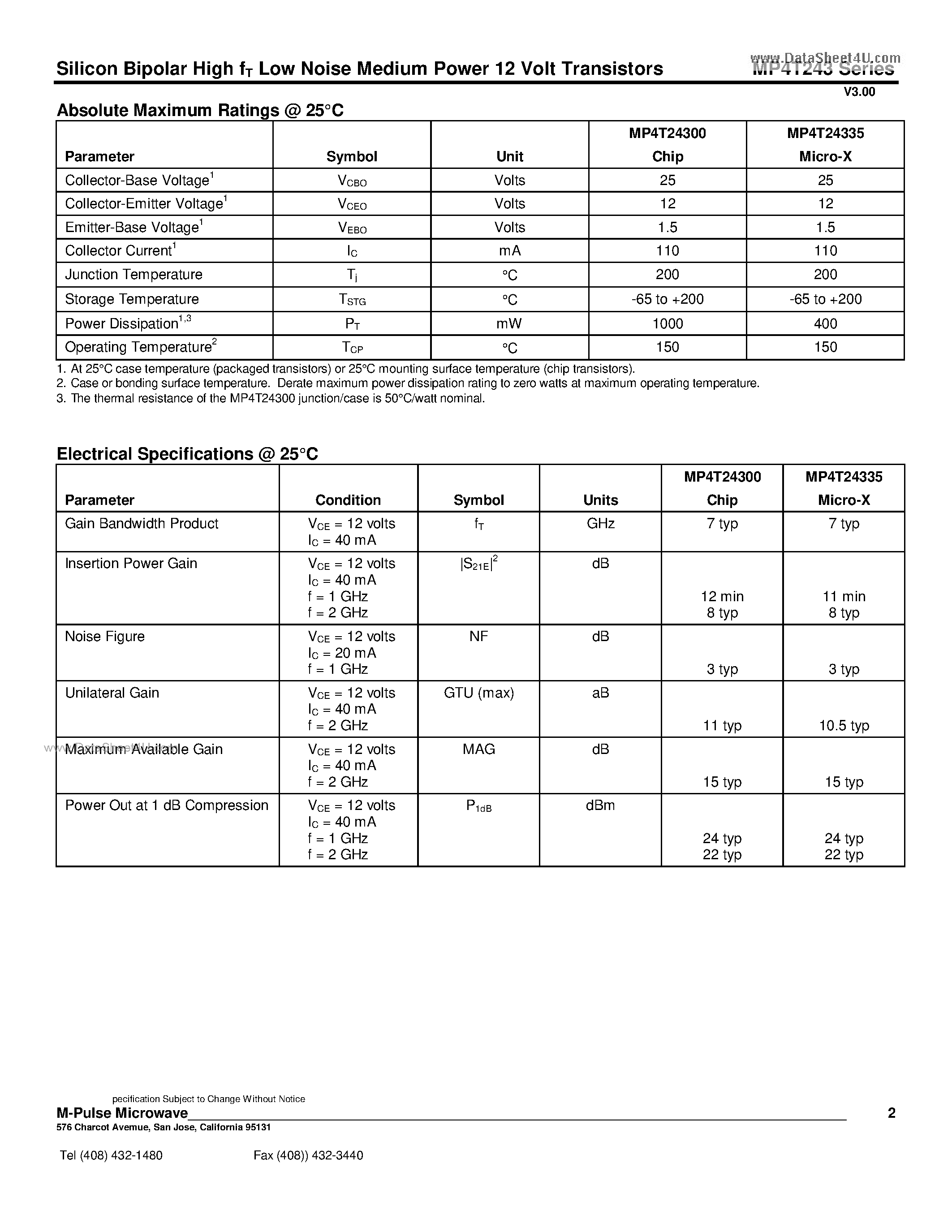 Datasheet MP4T243 page 2 Datasheet MP4T243 - Silicon Bipolar High fT Low Noise Medium Power 12 Volt Transistors page 2