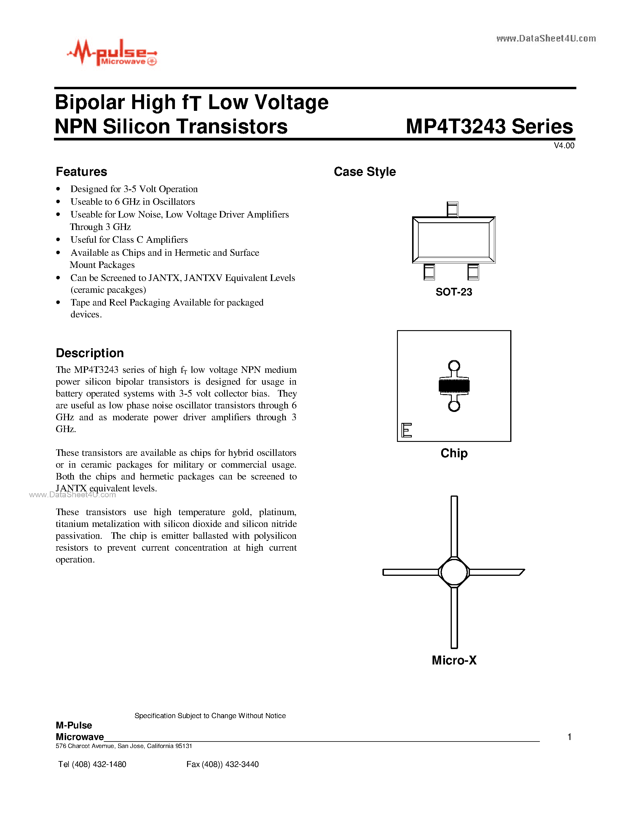 Datasheet MP4T3243 page 1 Datasheet MP4T3243 - Bipolar High fT Low Voltage NPN Silicon Transistors page 1
