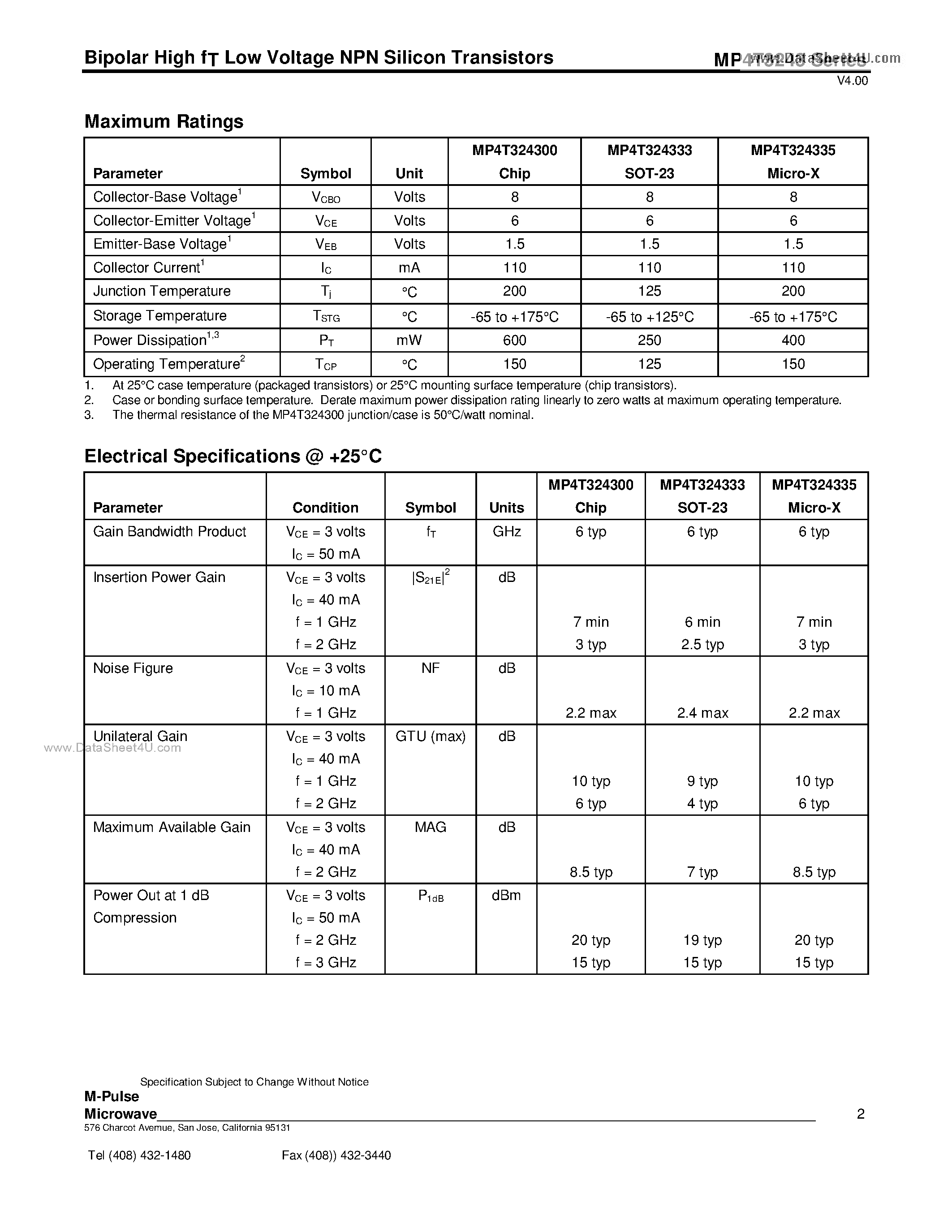 Datasheet MP4T3243 page 2 Datasheet MP4T3243 - Bipolar High fT Low Voltage NPN Silicon Transistors page 2