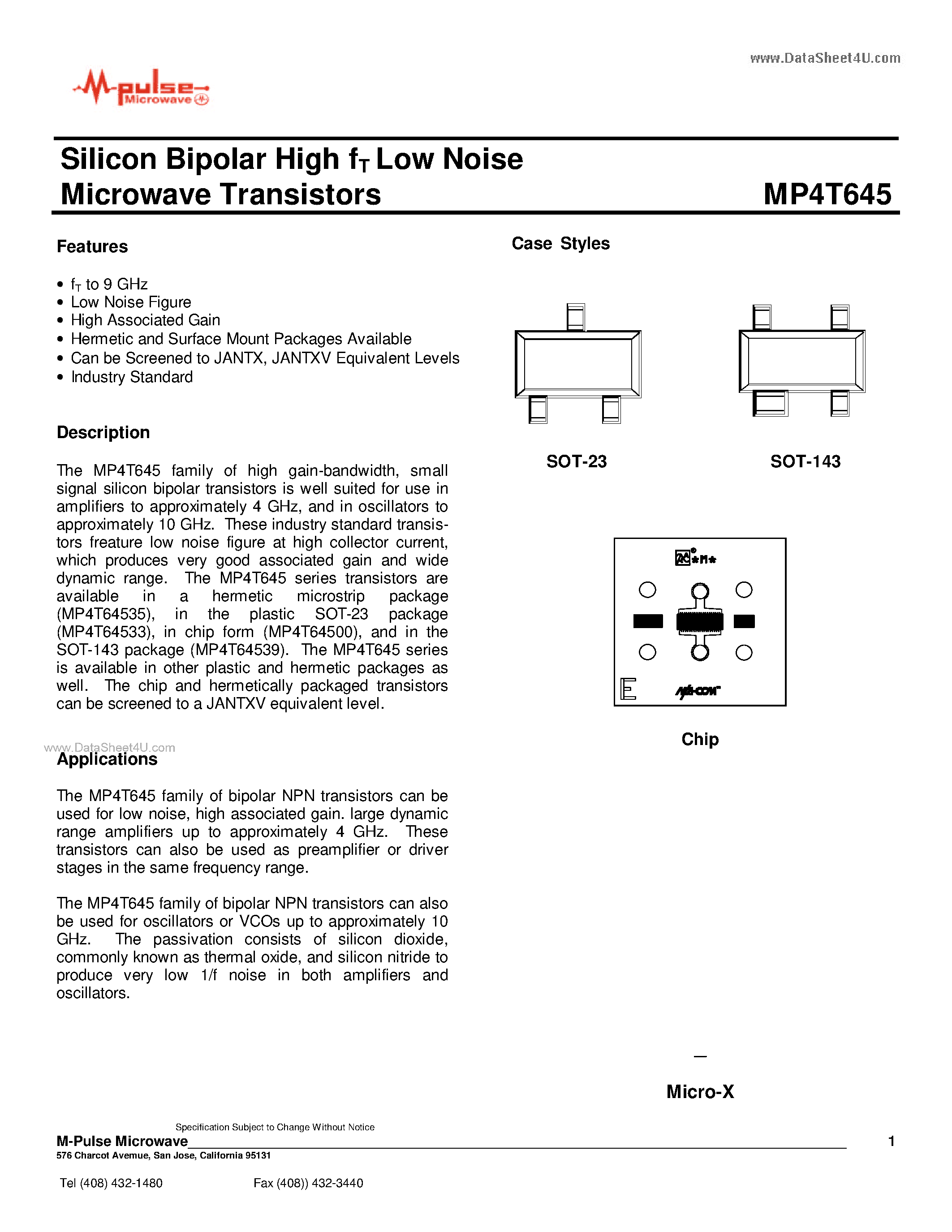 Datasheet MP4T645 page 1 Datasheet MP4T645 - Silicon Bipolar High fT Low Noise Microwave Transistors page 1