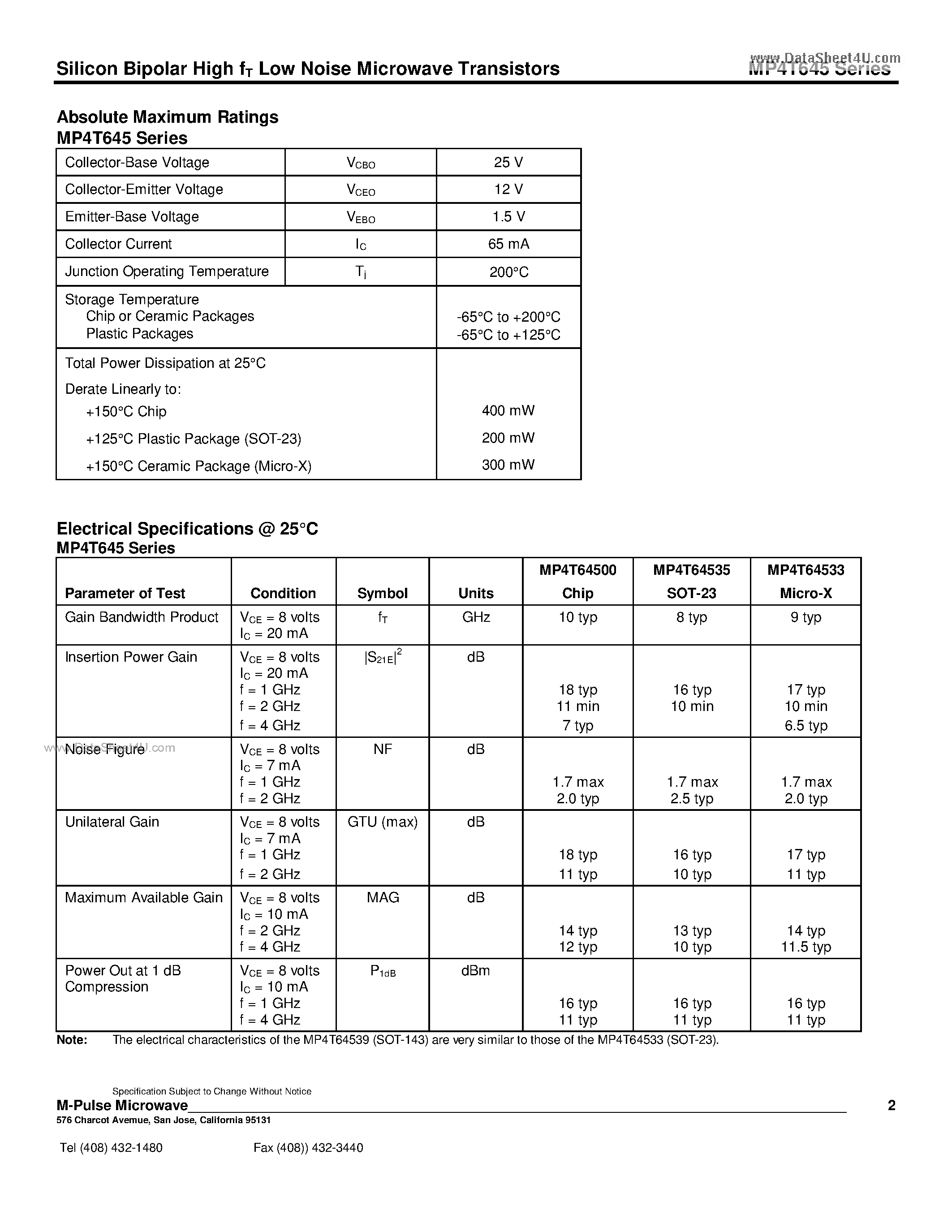 Datasheet MP4T645 page 2 Datasheet MP4T645 - Silicon Bipolar High fT Low Noise Microwave Transistors page 2