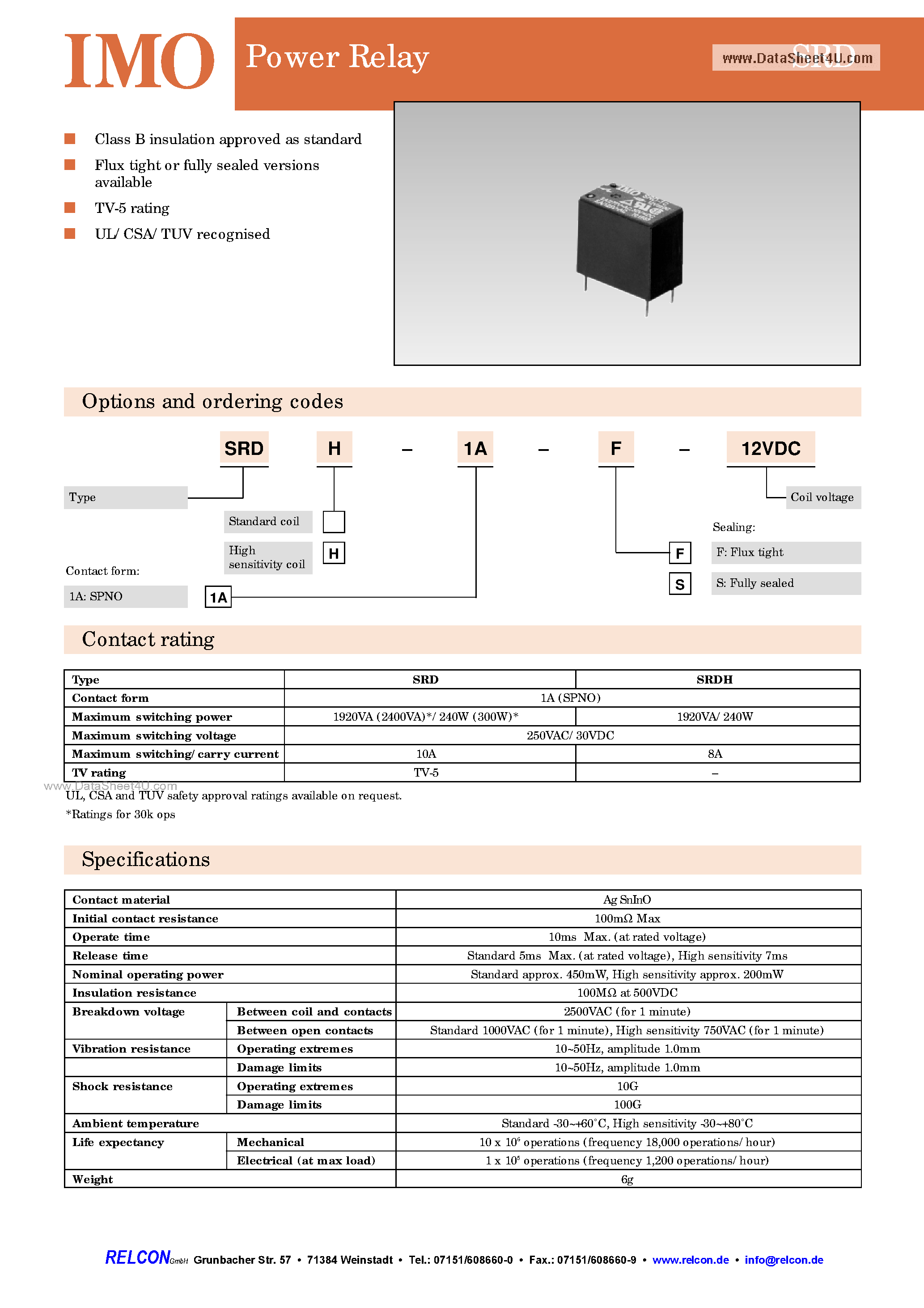 Datasheet SRD-1A-F-xxVDC page 1 Datasheet SRD-1A-F-xxVDC - Power Relay page 1