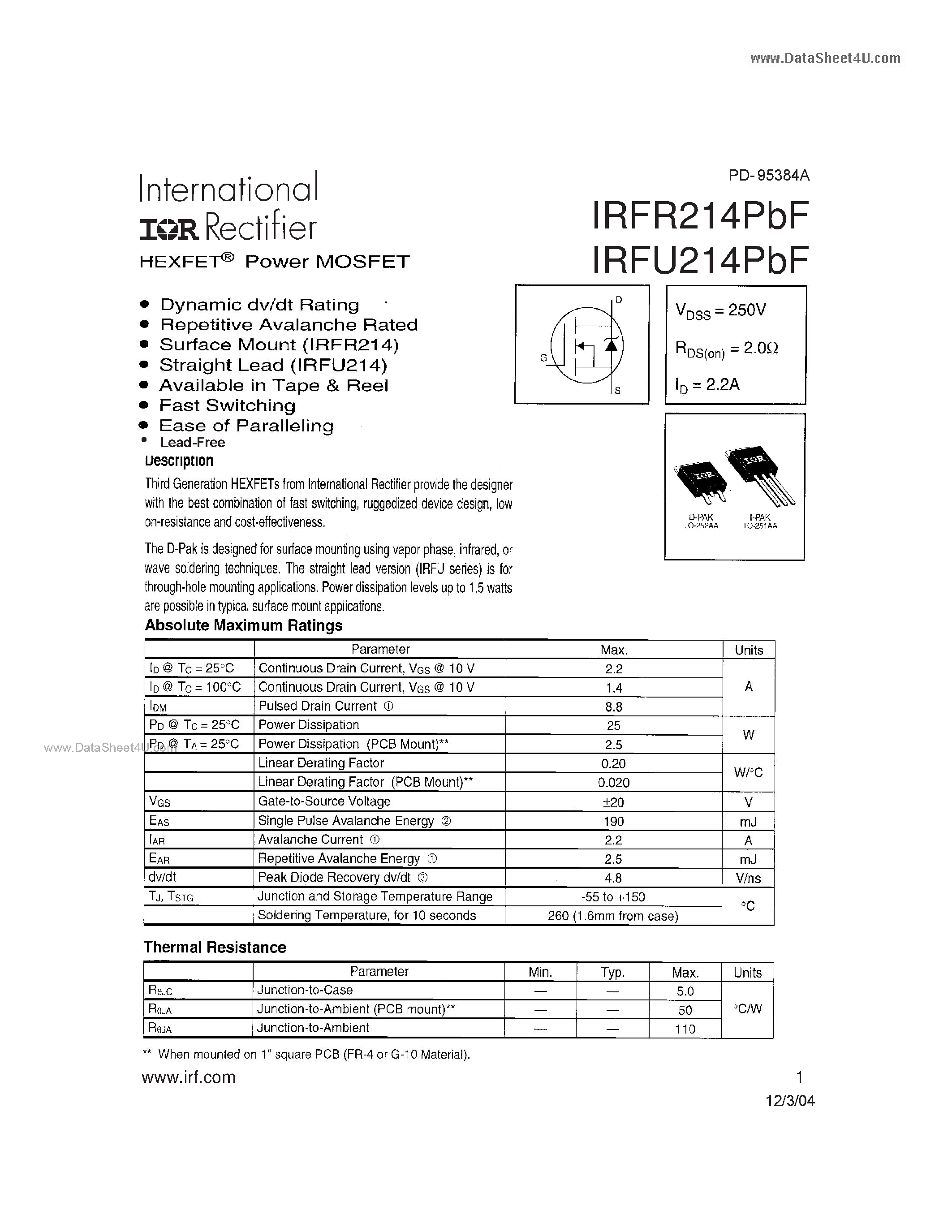 Datasheet IRFR214PBF - Power MOSFET page 1