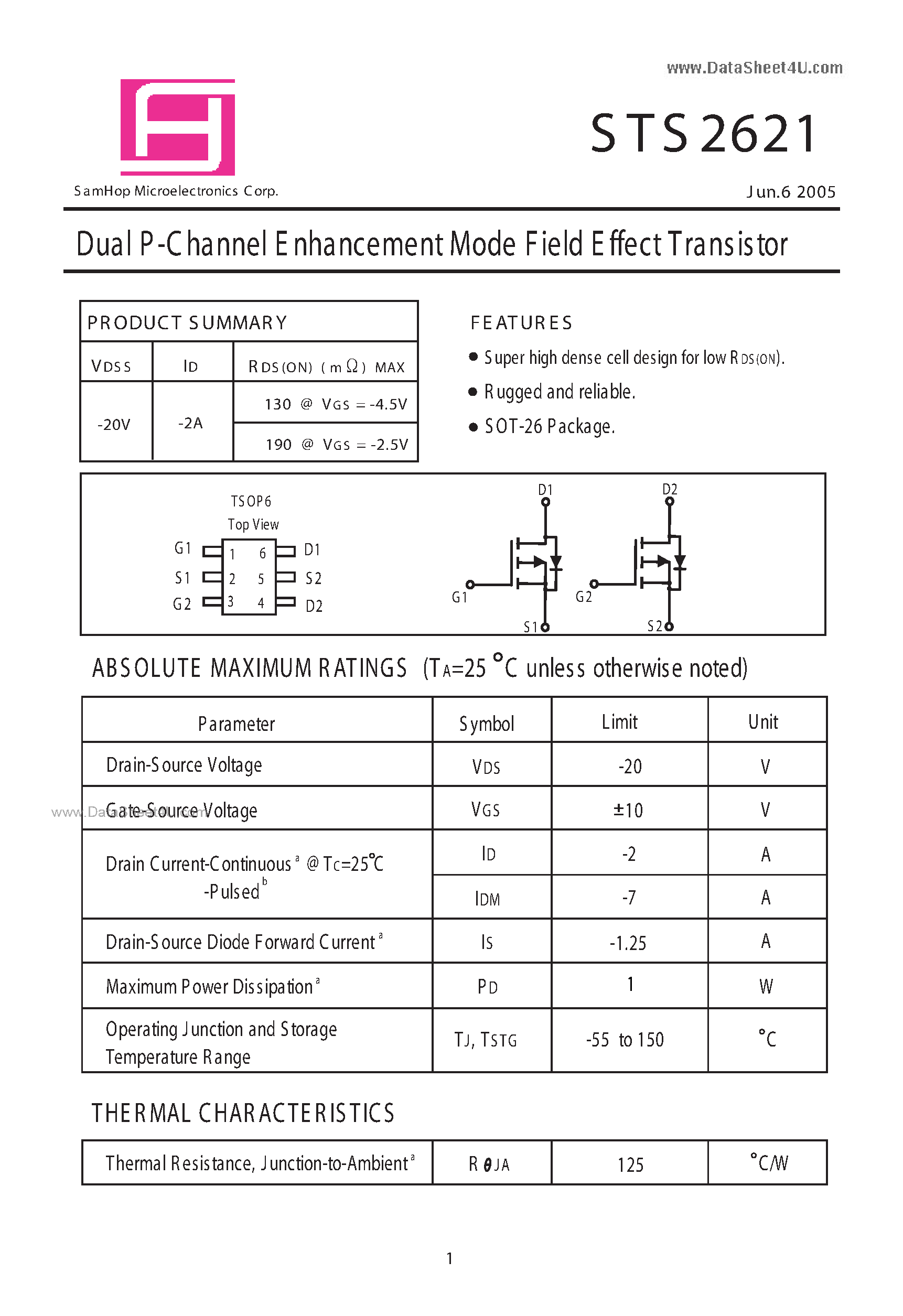Datasheet STS2621 page 1 Datasheet STS2621 - Dual P -Channel Enhancement Mode Field Effect Transistor page 1