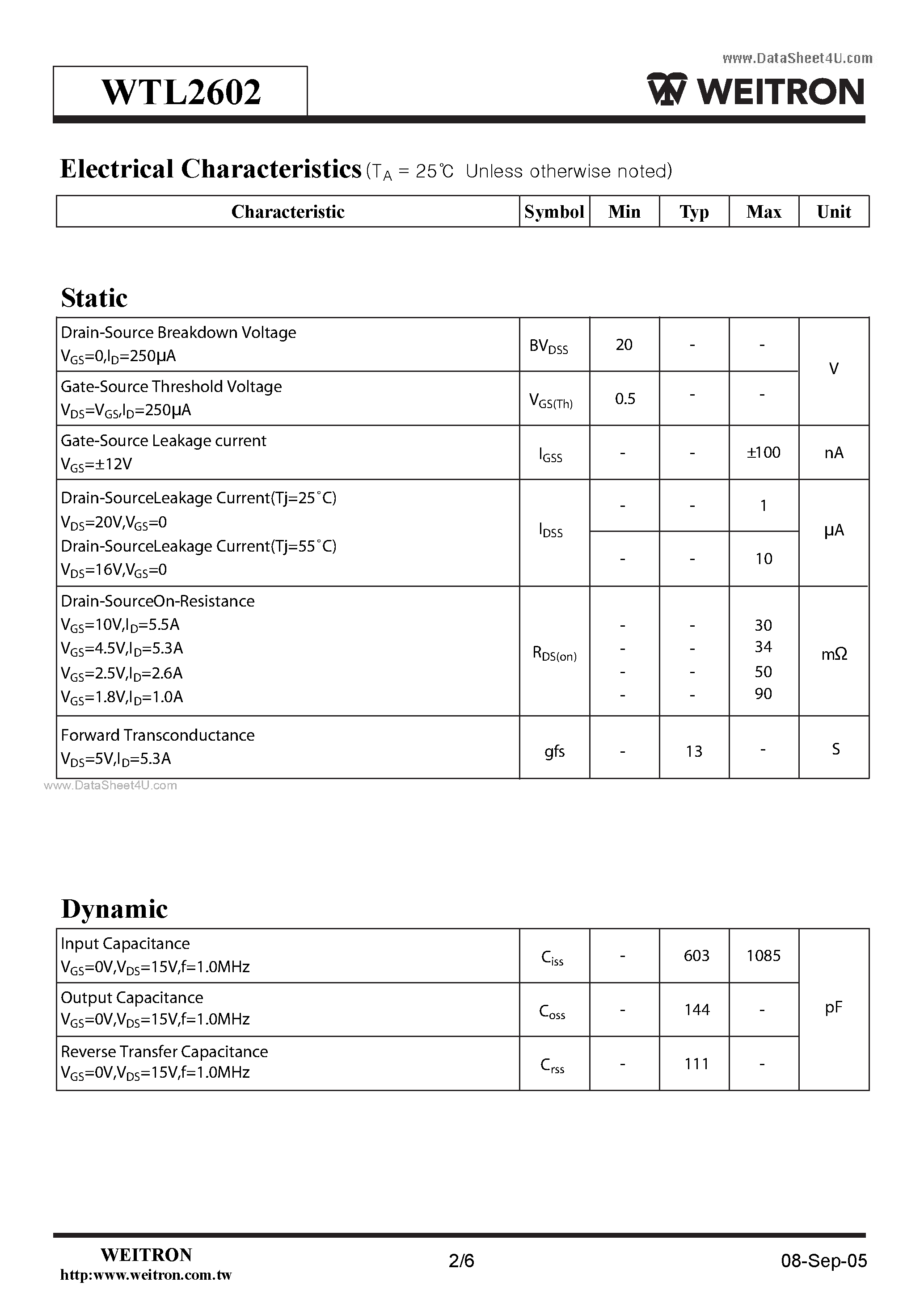 Datasheet WTL2602 page 2 Datasheet WTL2602 - N-Channel Enhancement Mode Power MOSFET page 2