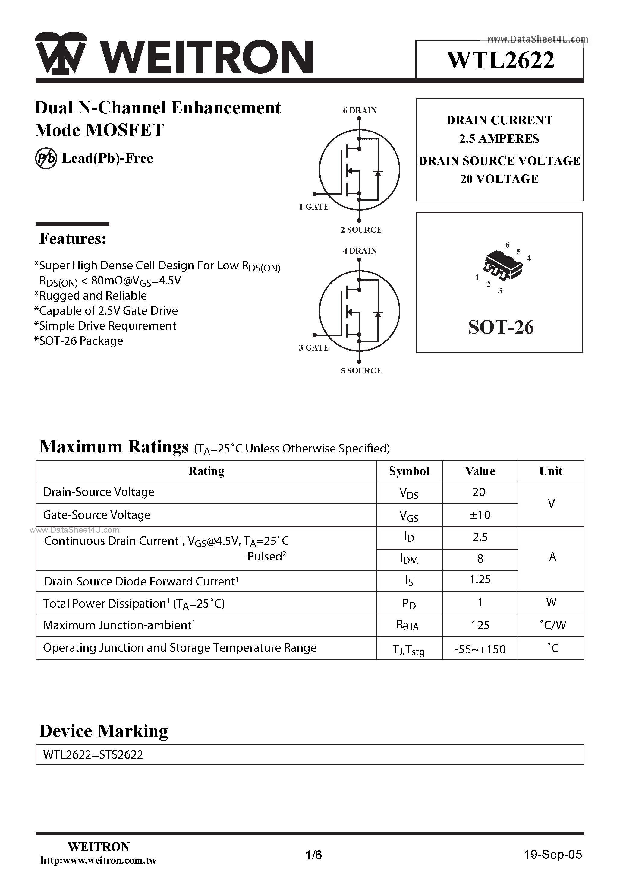 Datasheet WTL2622 page 1 Datasheet WTL2622 - Dual N-Channel Enhancement Mode MOSFET page 1
