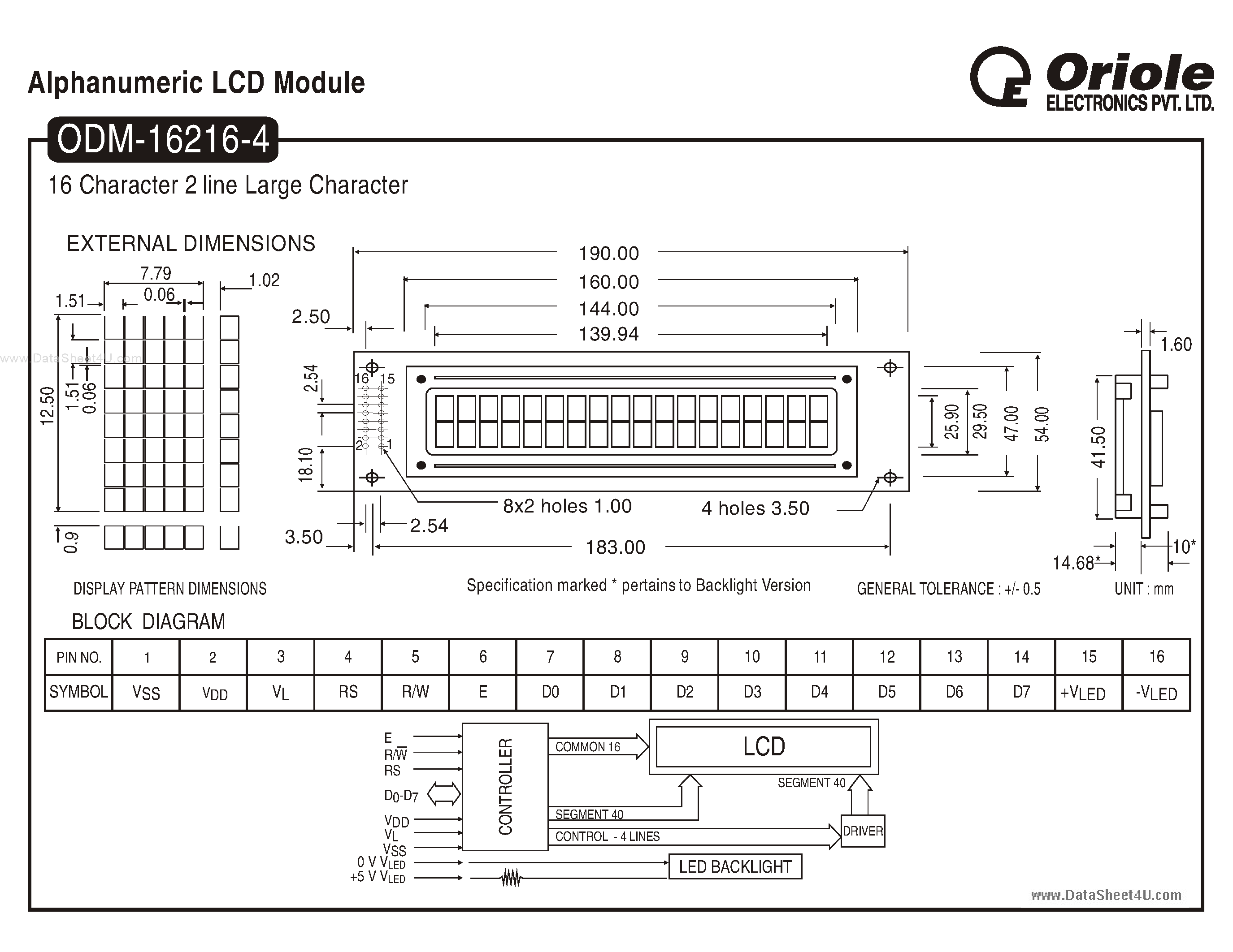 Datasheet ODM-16216-4 - LCD Module page 1