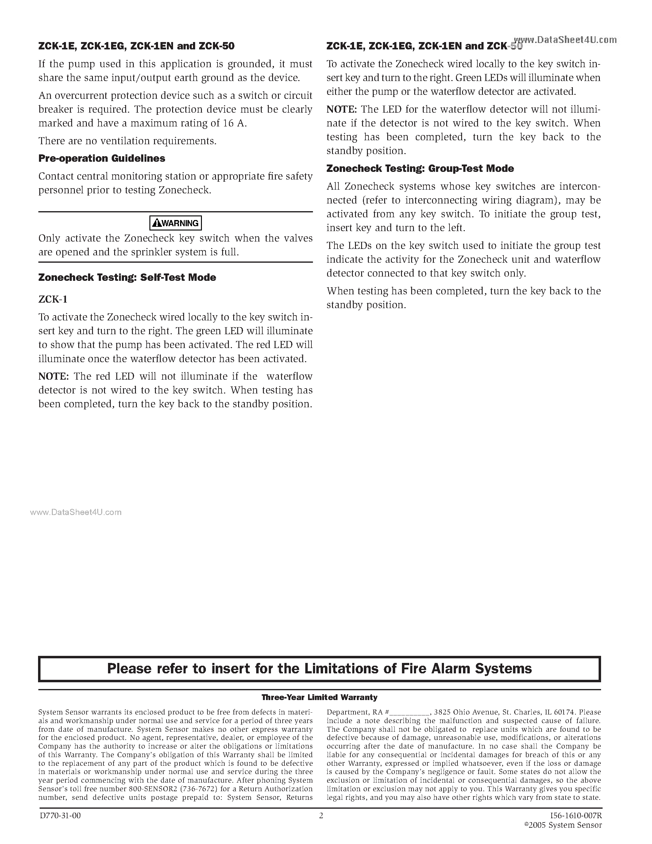Datasheet ZCK-1 - Zonecheck Keyswitch page 2