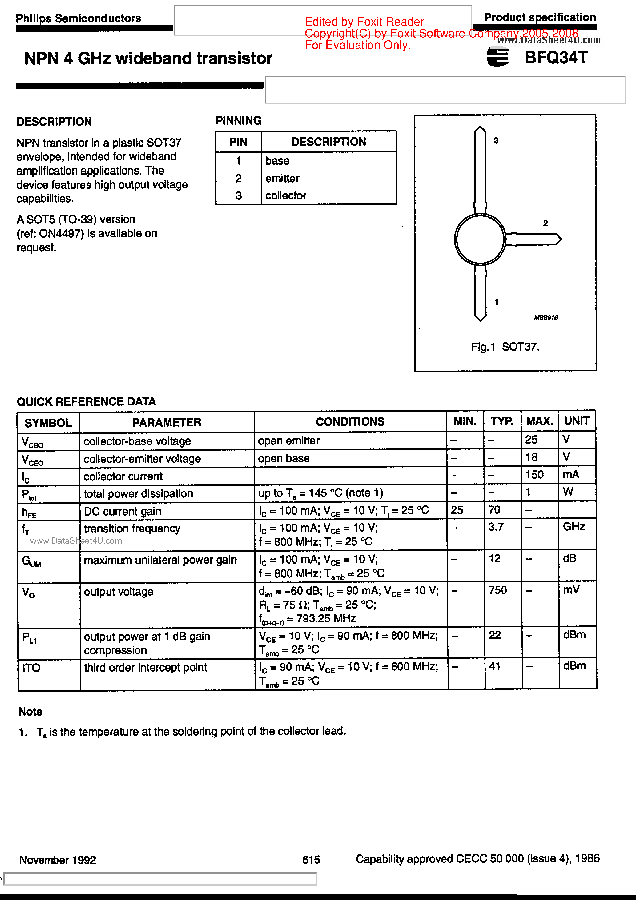 Datasheet BFQ34T - NPN 4 GHz Wideband Transistor page 1
