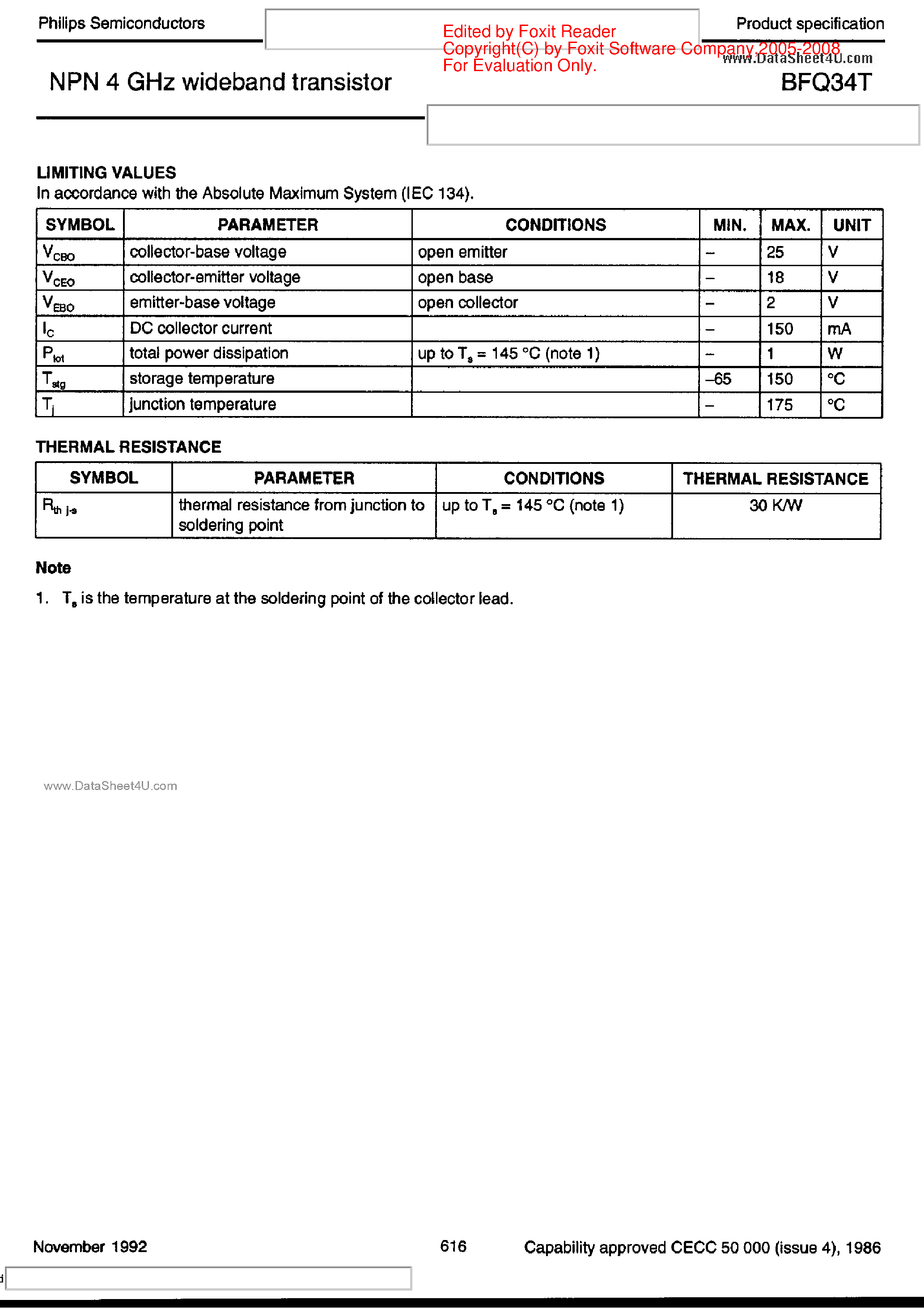 Datasheet BFQ34T - NPN 4 GHz Wideband Transistor page 2