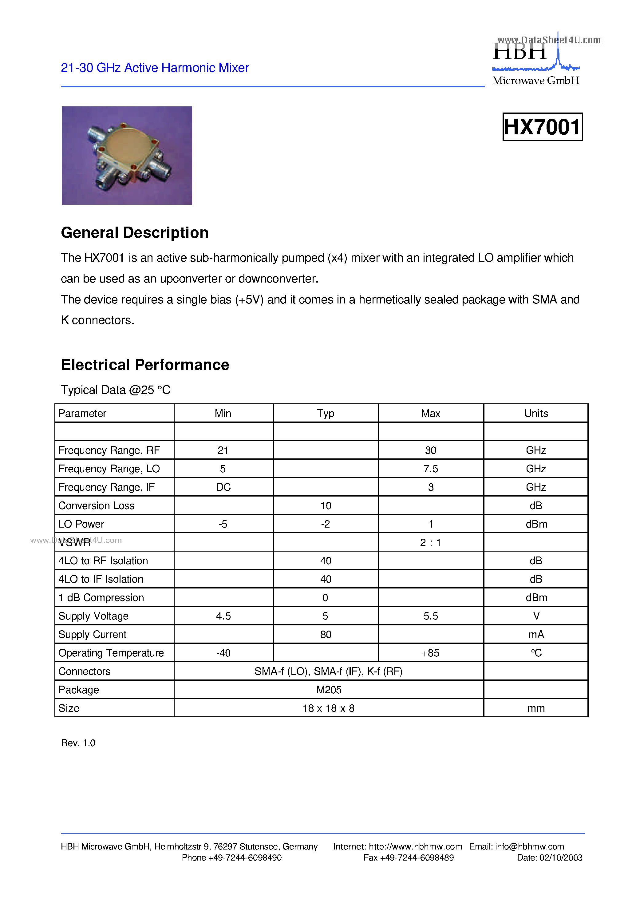 Даташит HX7001 - 21-30 GHz Active Harmonic Mixer страница 1