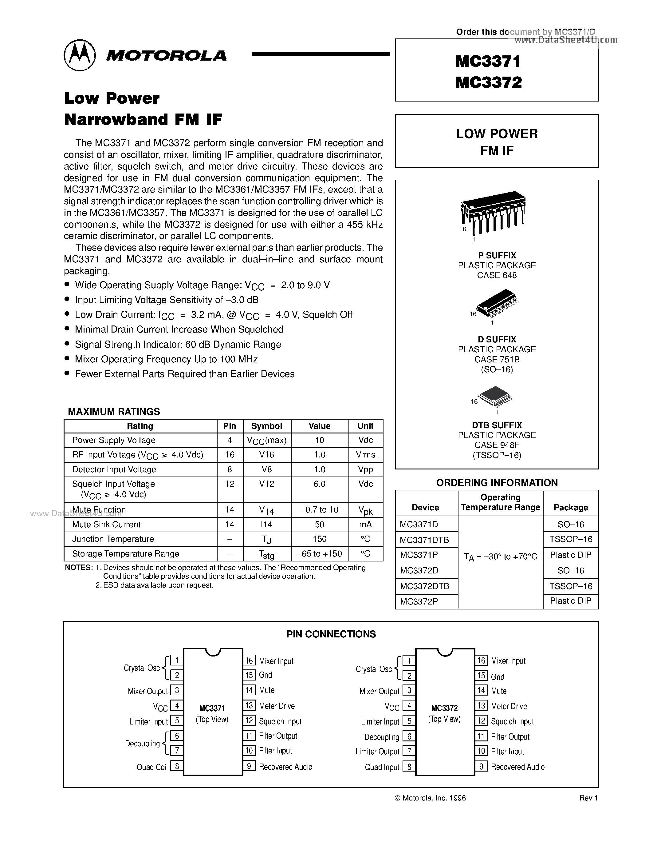 Даташит на микросхему MC3371 страница 1 Даташит MC3371 - (MC3371 / MC3372) Low Power Narrowband FM IF страница 1