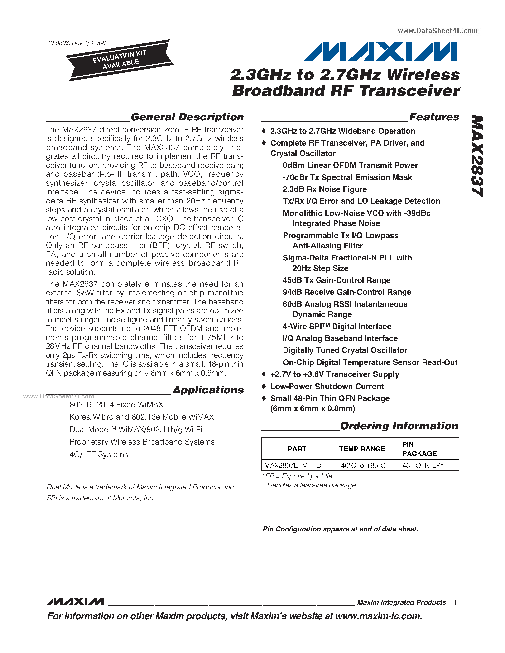 Datasheet MAX2837 - 2.3GHz to 2.7GHz Wireless Broadband RF Transceiver page 1