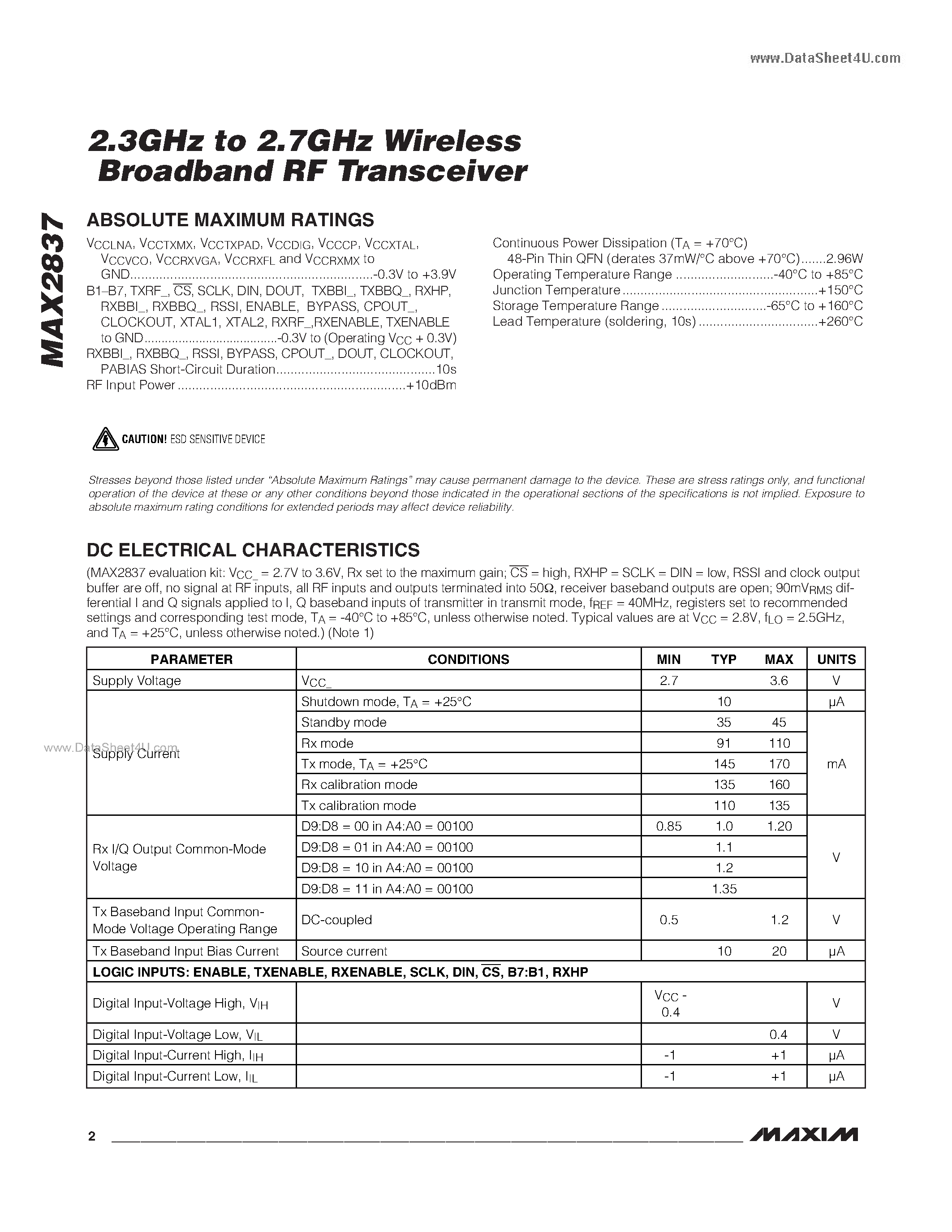 Datasheet MAX2837 - 2.3GHz to 2.7GHz Wireless Broadband RF Transceiver page 2