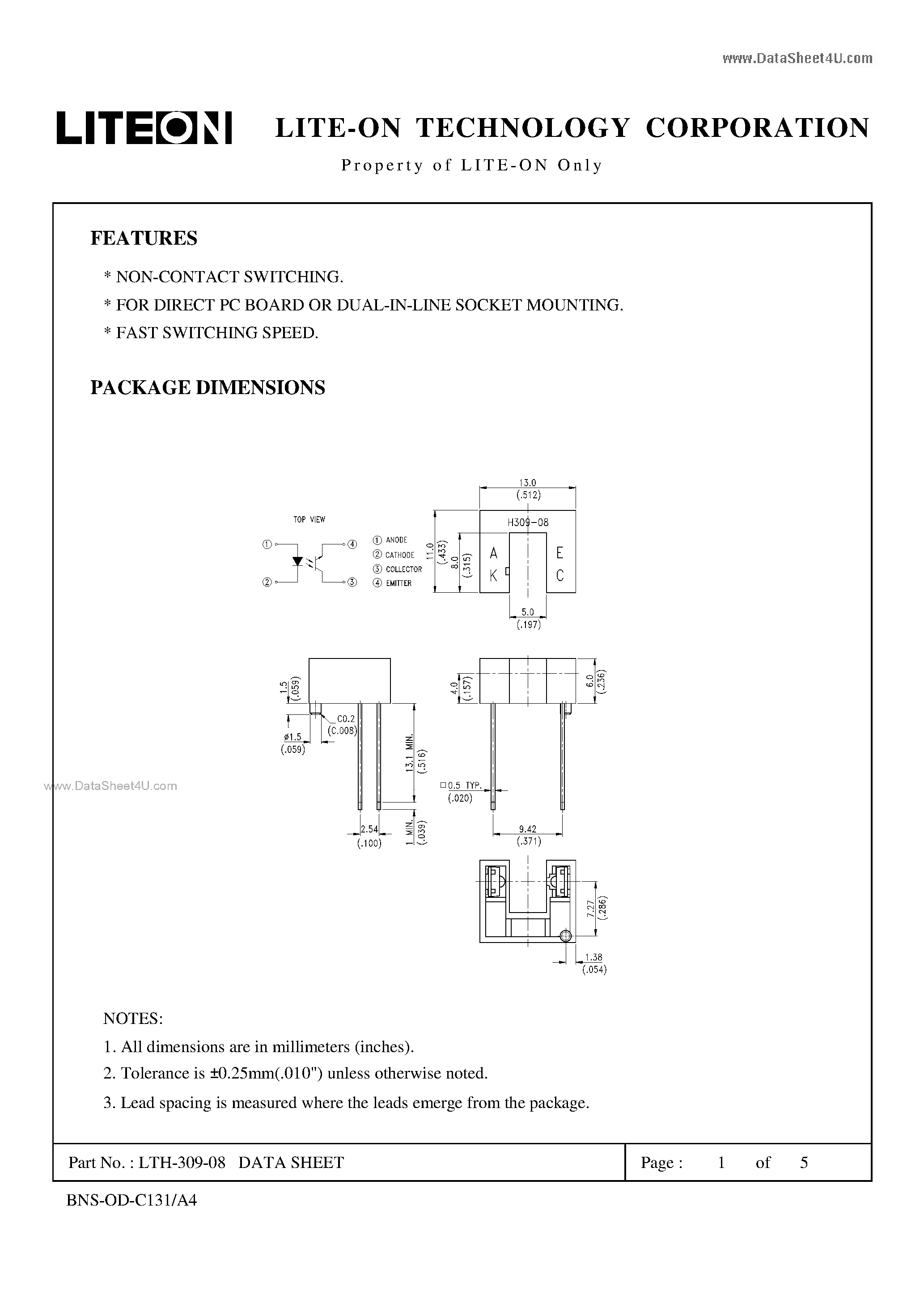 Datasheet LTH-309-08 page 1 Datasheet LTH-309-08 - NON CONTACT SWITCHING page 1