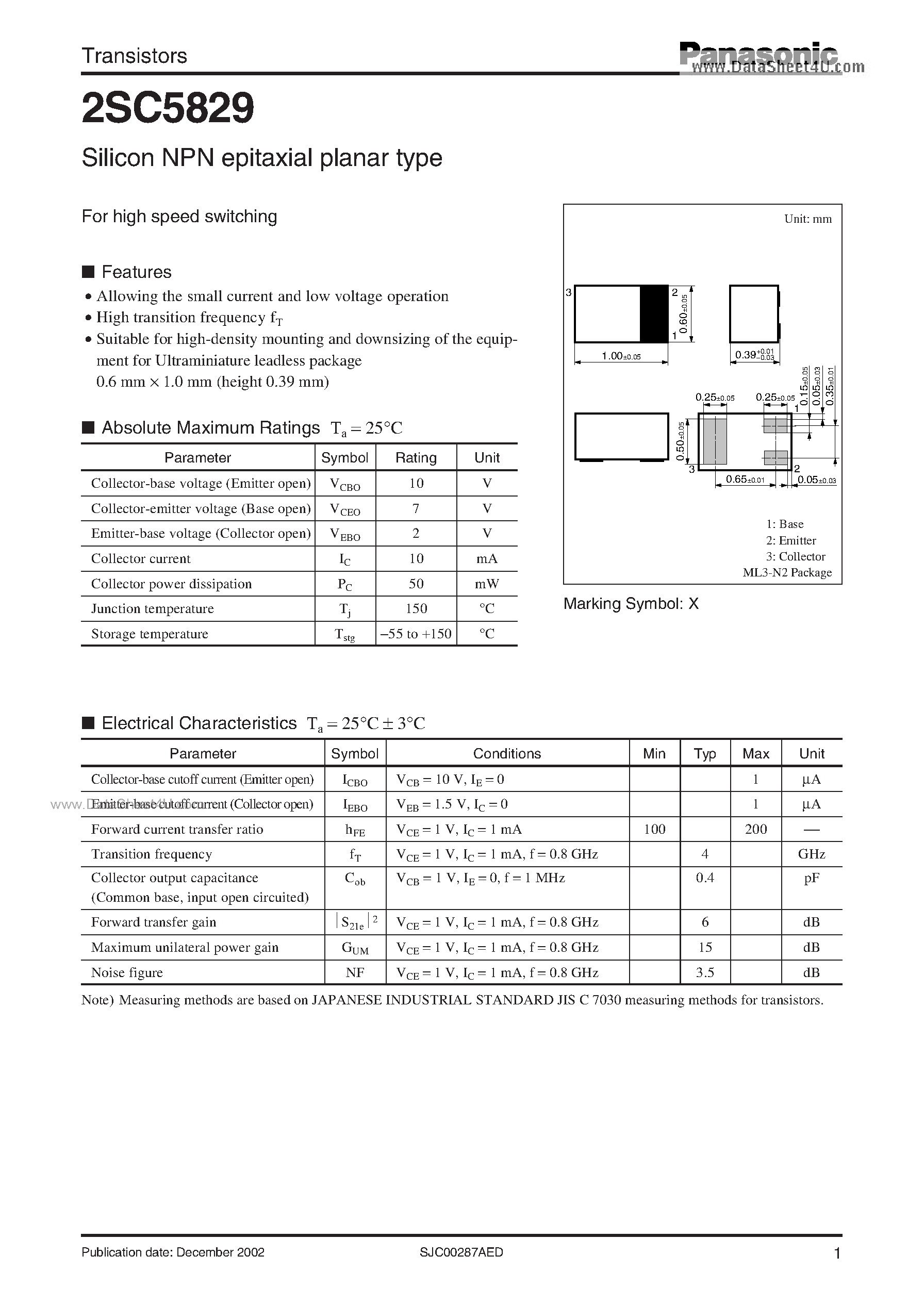 Даташит на микросхему 2SC5829 страница 1 Даташит 2SC5829 - For High Speed Switching страница 1