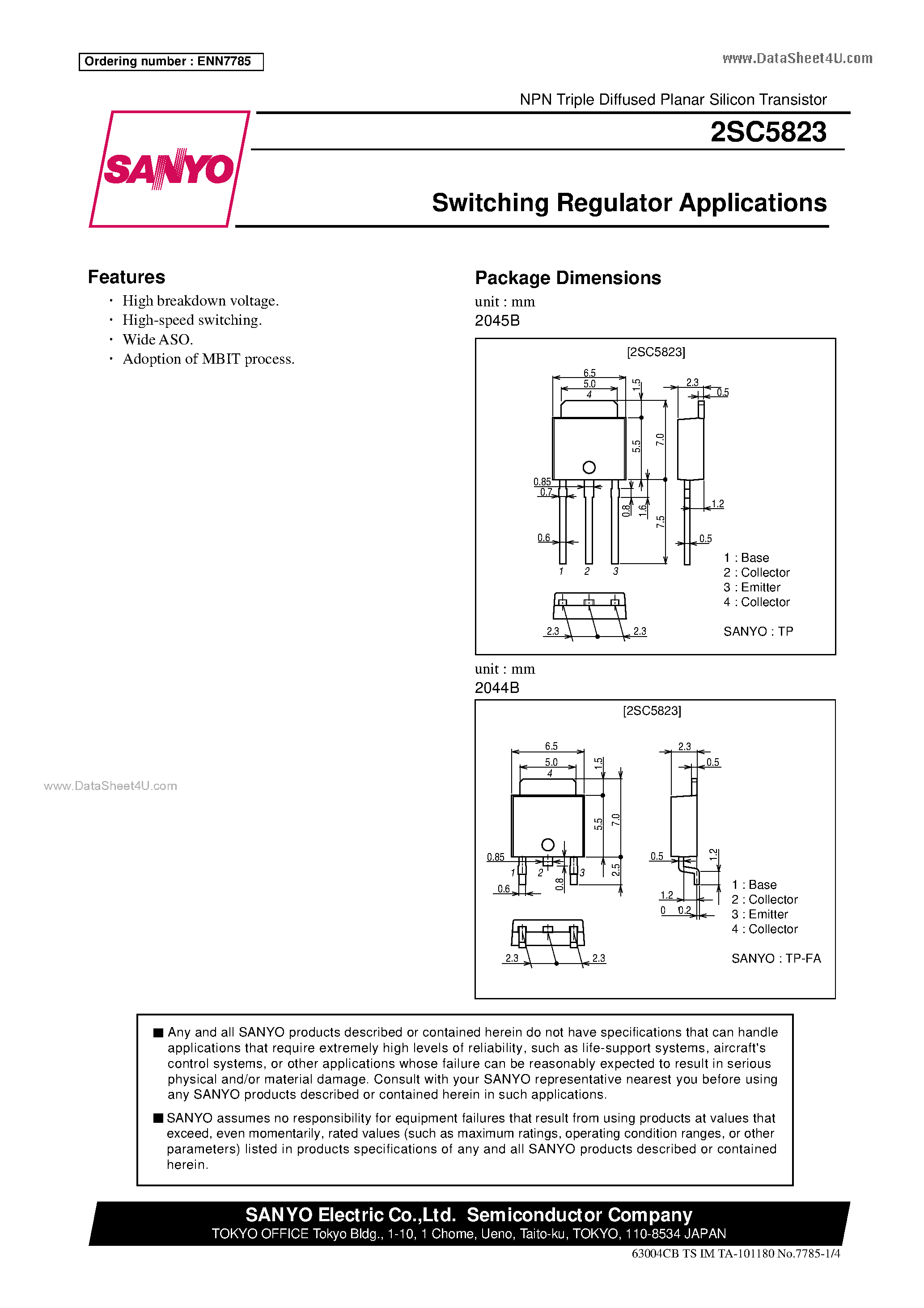 Даташит на микросхему 2SC5823 страница 1 Даташит 2SC5823 - Switching Regulator Applications страница 1