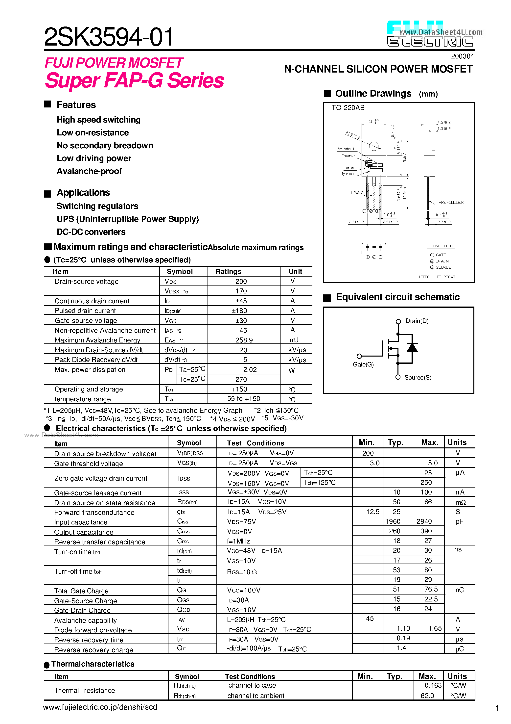 Datasheet 2SK3594-01 - N-CHANNEL SILICON POWER MOSFET page 1