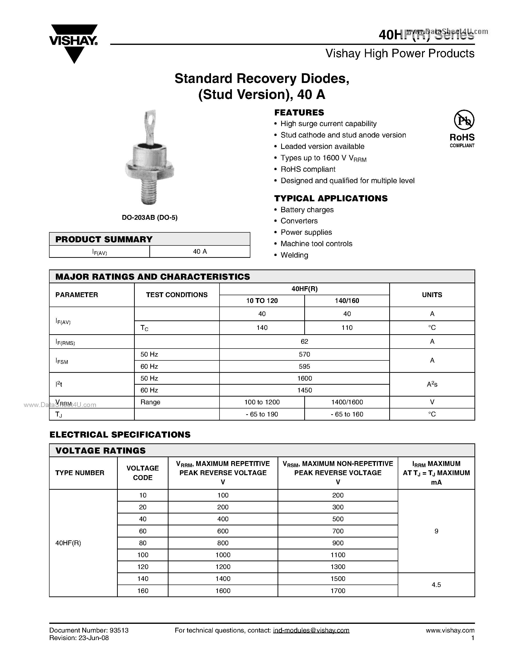 Даташит на микросхему 40HF10 страница 1 Даташит 40HF10 - Standard Recovery Diodes страница 1