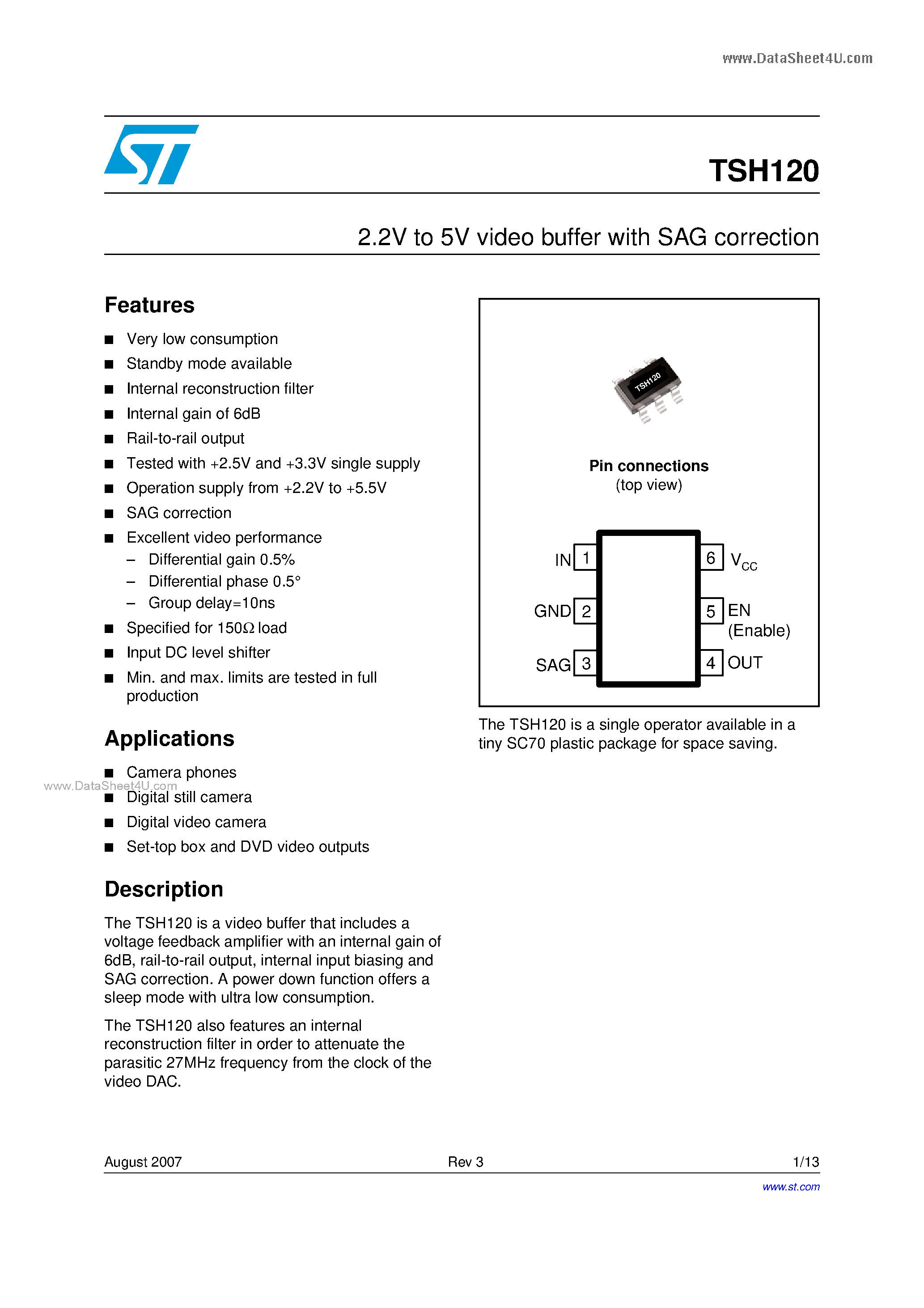 Datasheet TSH120 - 2.2V to 5V video buffer page 1