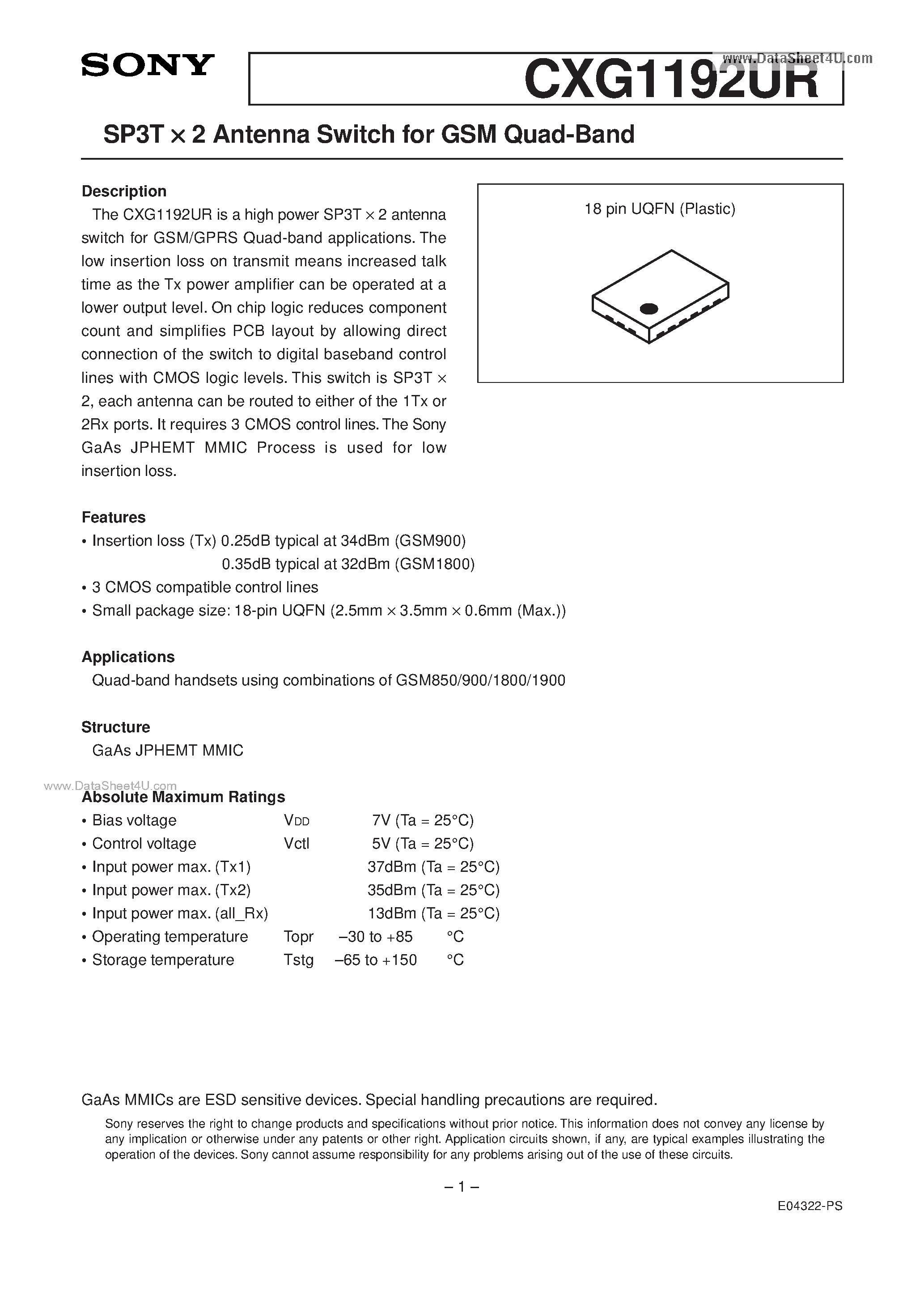 Datasheet CXG1192UR - SP3T X 2 Antenna Switch page 1