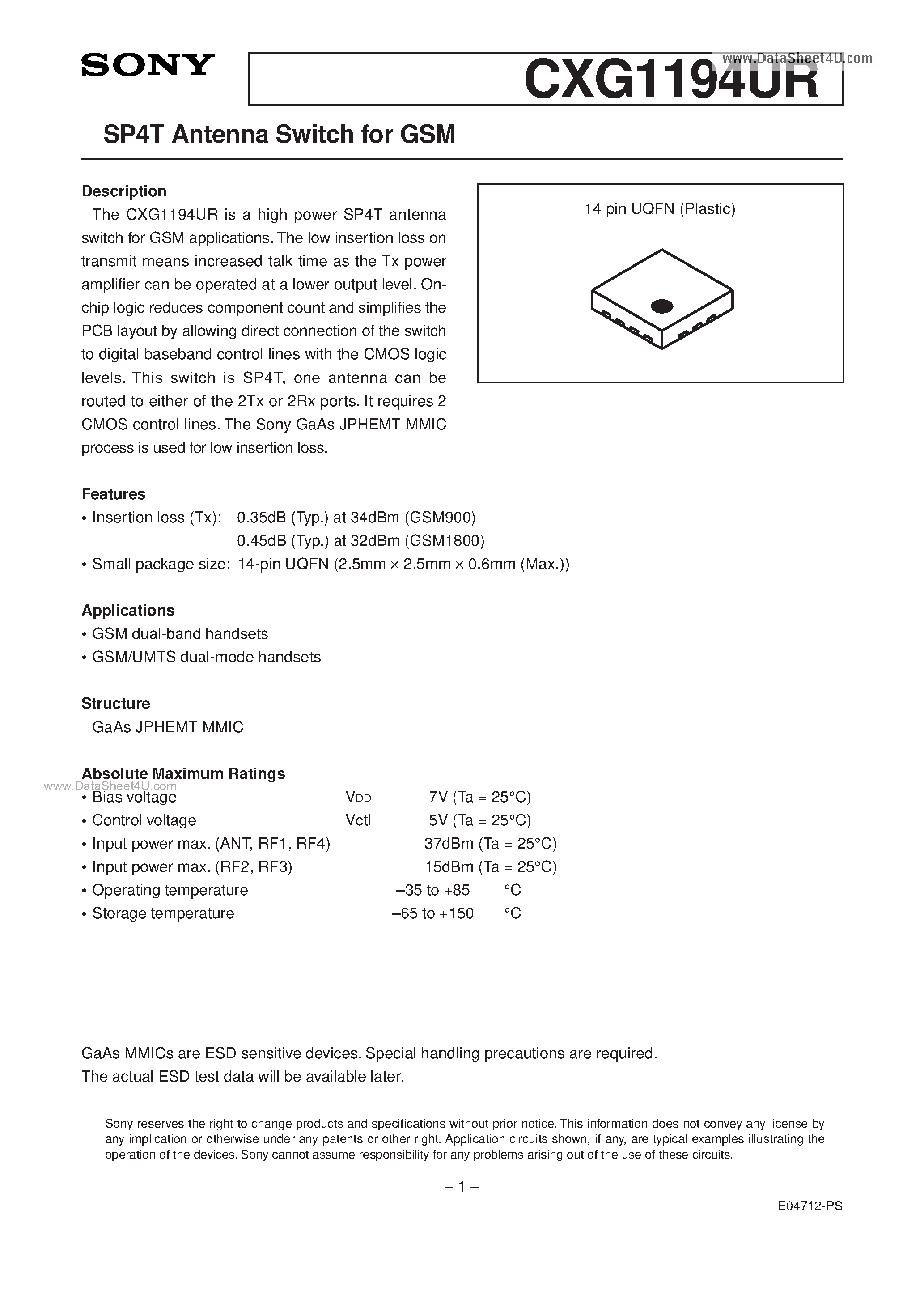 Даташит на микросхему CXG1194UR страница 1 Даташит CXG1194UR - SP4T Antenna Switch страница 1