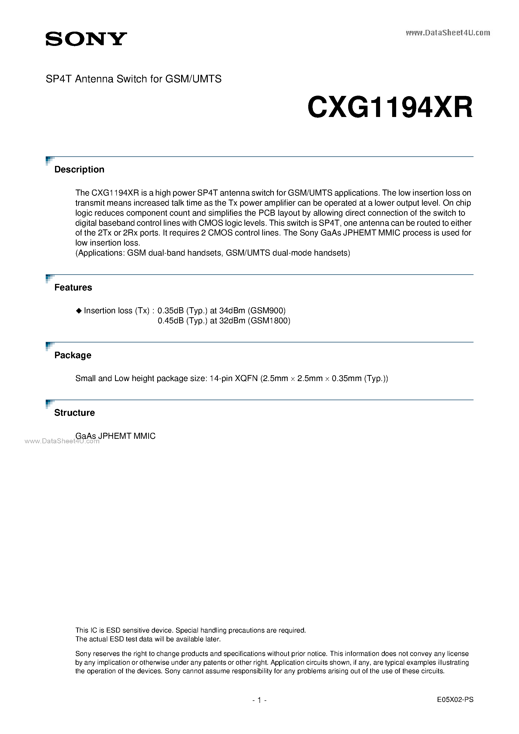 Даташит на микросхему CXG1194XR страница 1 Даташит CXG1194XR - SP4T Antenna Switch страница 1