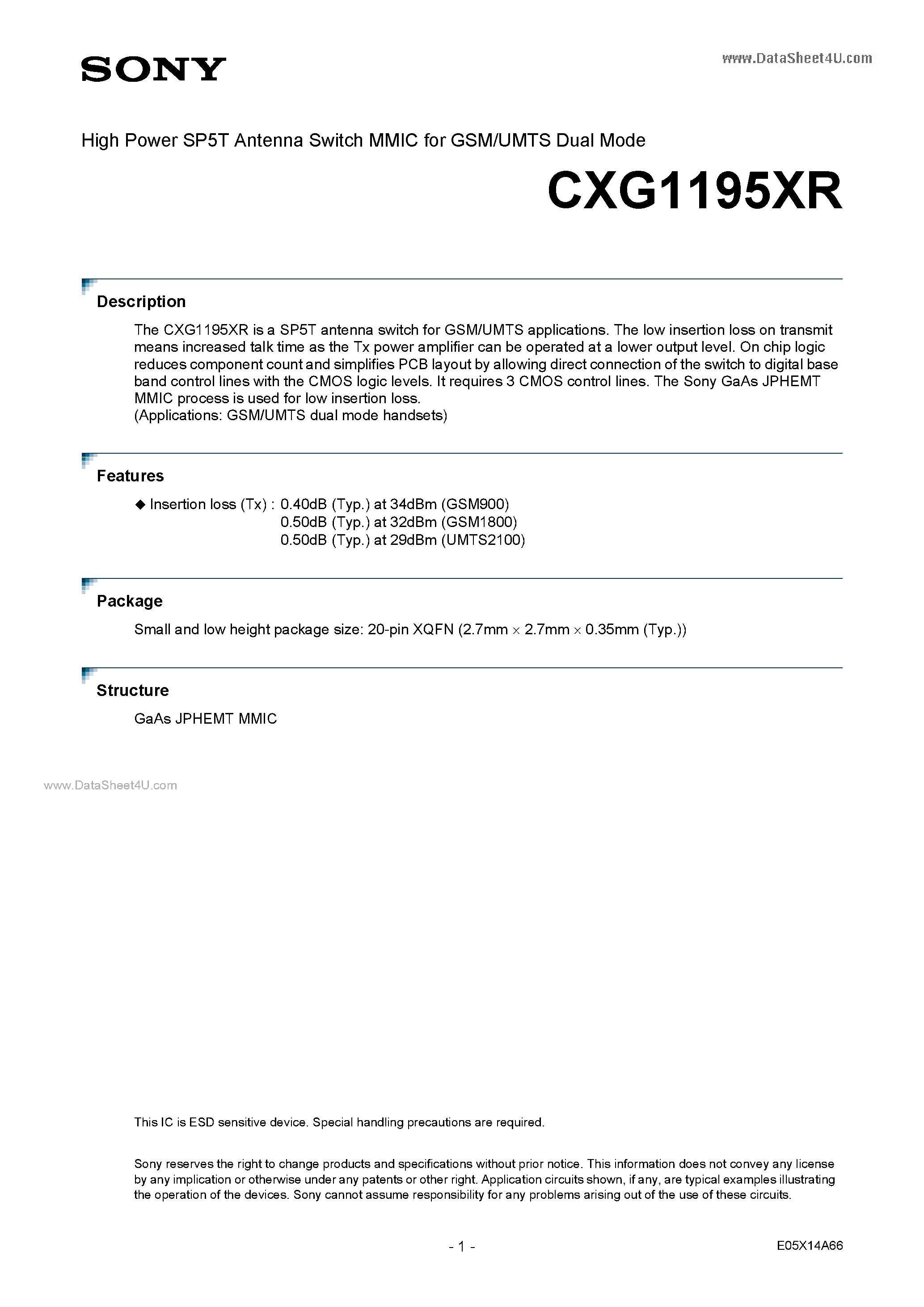 Даташит на микросхему CXG1195XR страница 1 Даташит CXG1195XR - High Power SP5T Antenna Switch MMIC страница 1