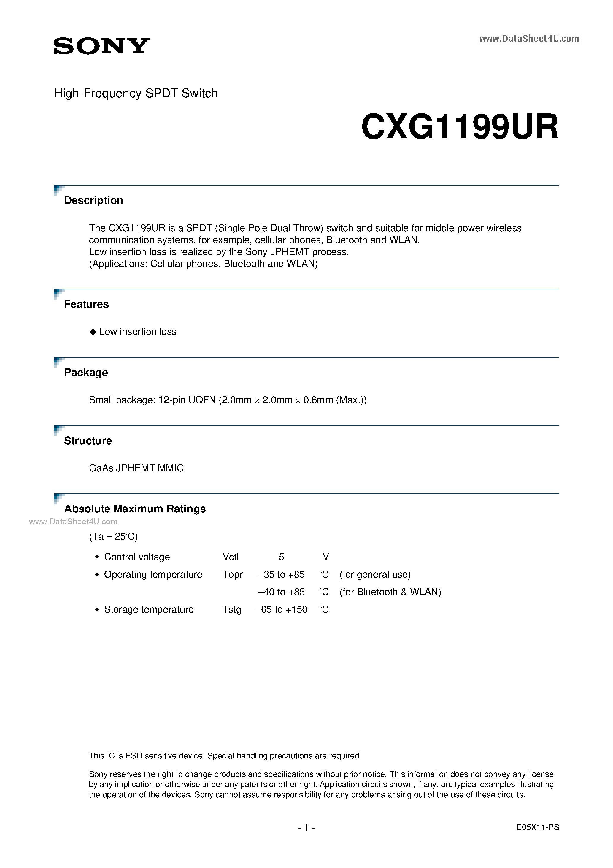 Даташит на микросхему CXG1199UR страница 1 Даташит CXG1199UR - High-Frequency SPDT Switch страница 1