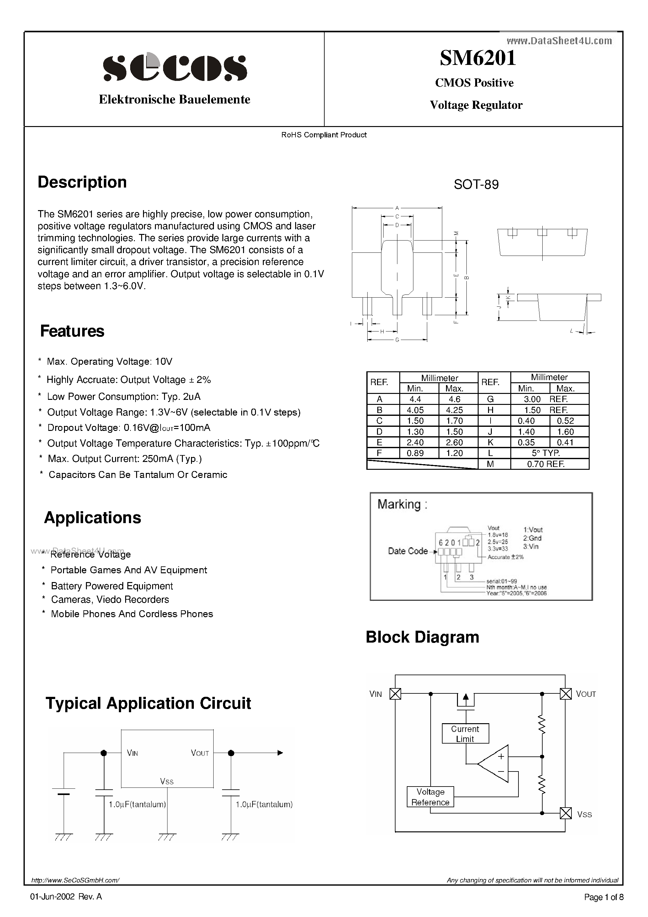 Datasheet SM6201 page 1 Datasheet SM6201 - Voltage Regulator page 1