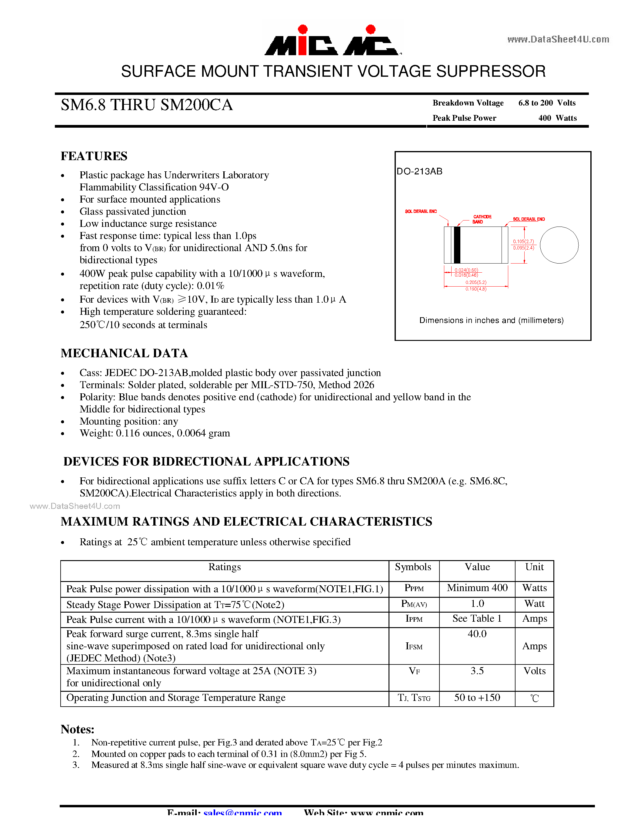 Datasheet SM62A - SURFACE MOUNT TRANSIENT VOLTAGE SUPPRESSOR page 1