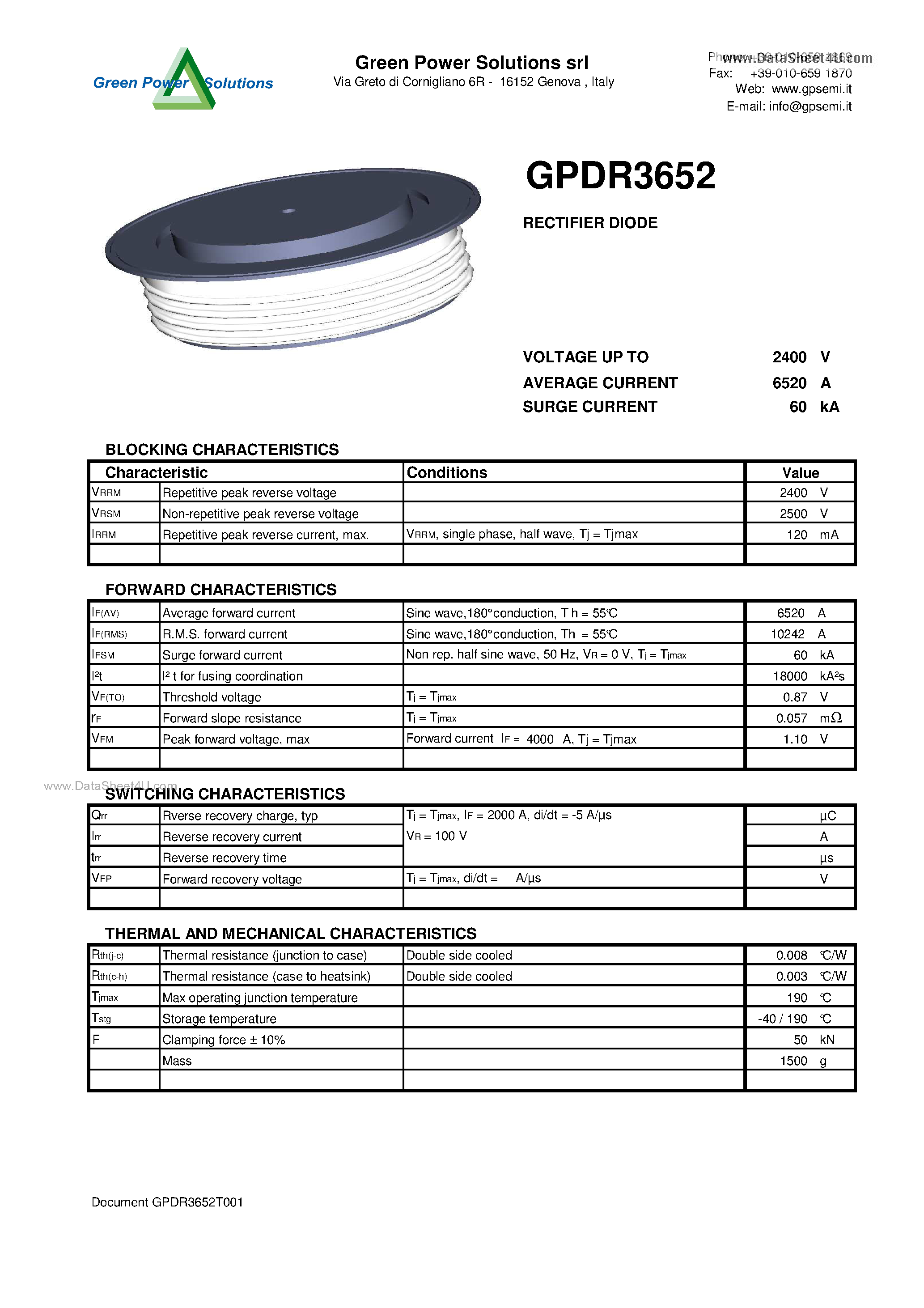 Datasheet GPDR3652 page 1 Datasheet GPDR3652 - RECTIFIER DIODE page 1